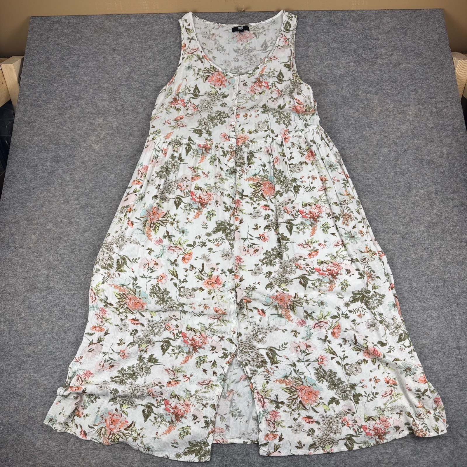 Frye Button Up Midi Dress Floral Rayon Lined Pockets Ivory Womens Large L