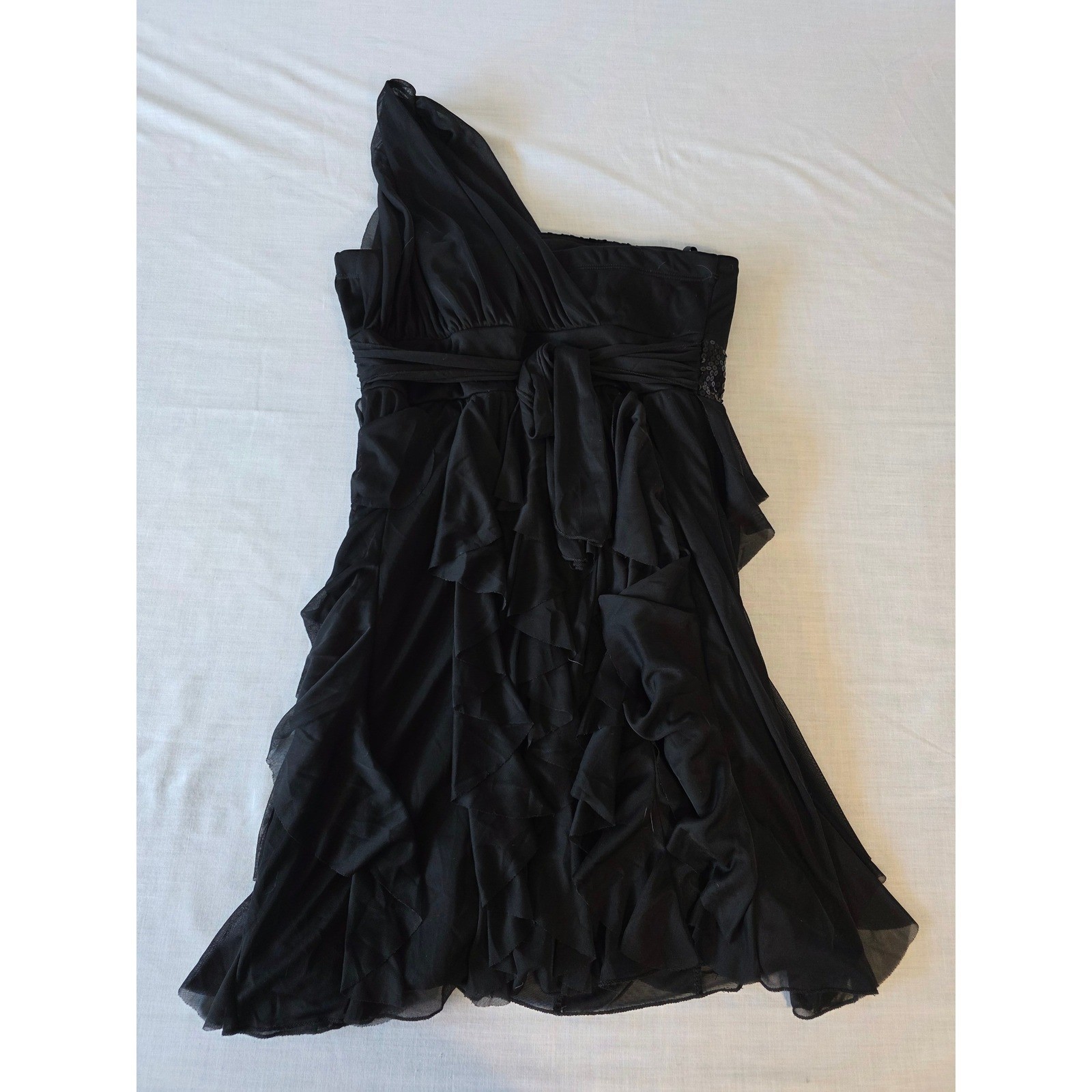 Deb One Shoulder Mini Dress Sequin Waist Ruffle Tiered L Black Cocktail Party
