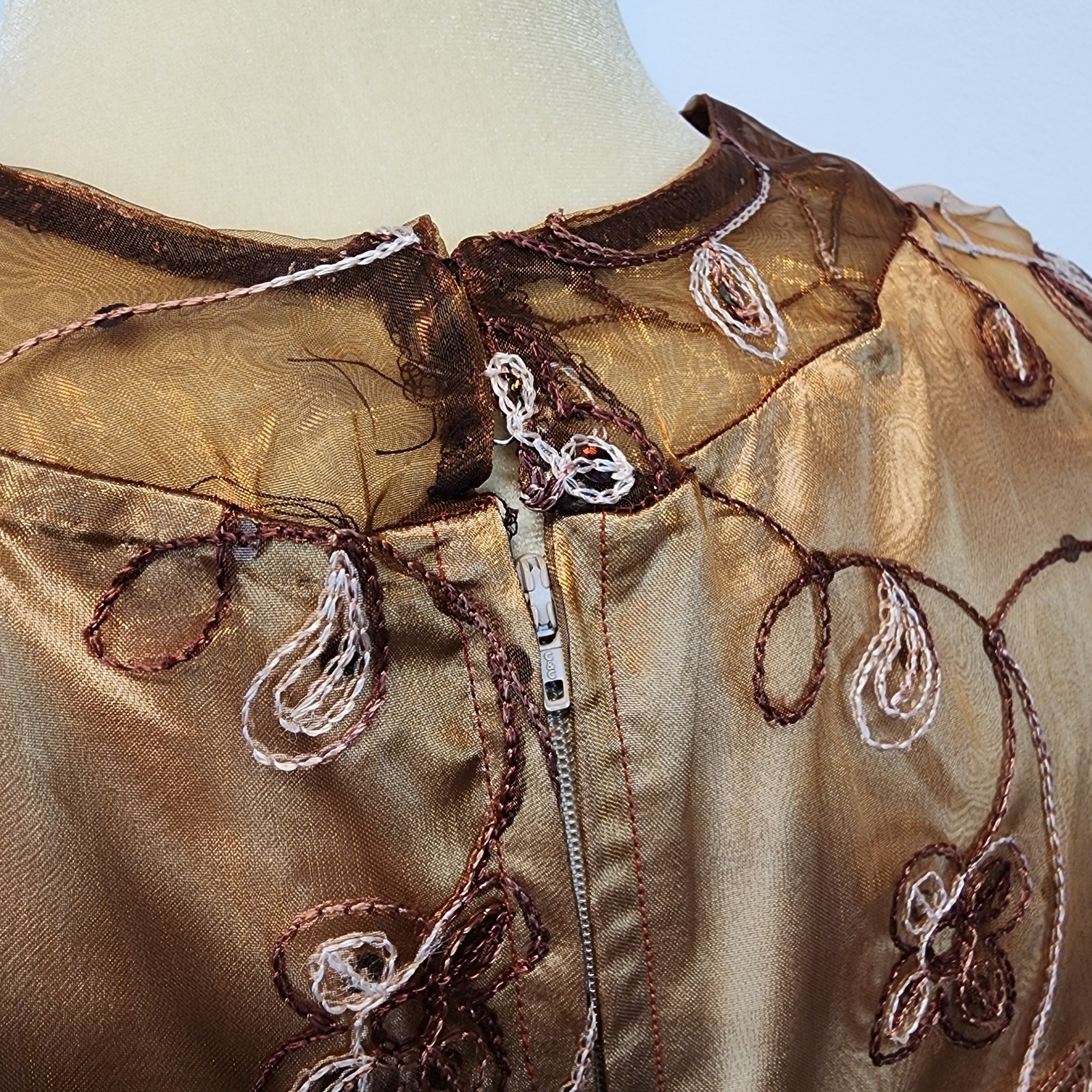 Embroidered Regency Floor Length Dress Size L Brown Damask Taffeta Sheer Whimsy