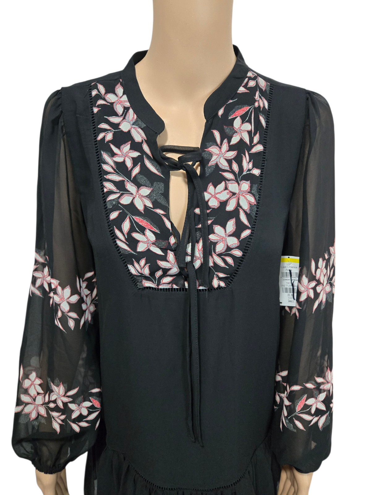 Halogen small black sheer sleeve long sleeve dress vneck *has snag