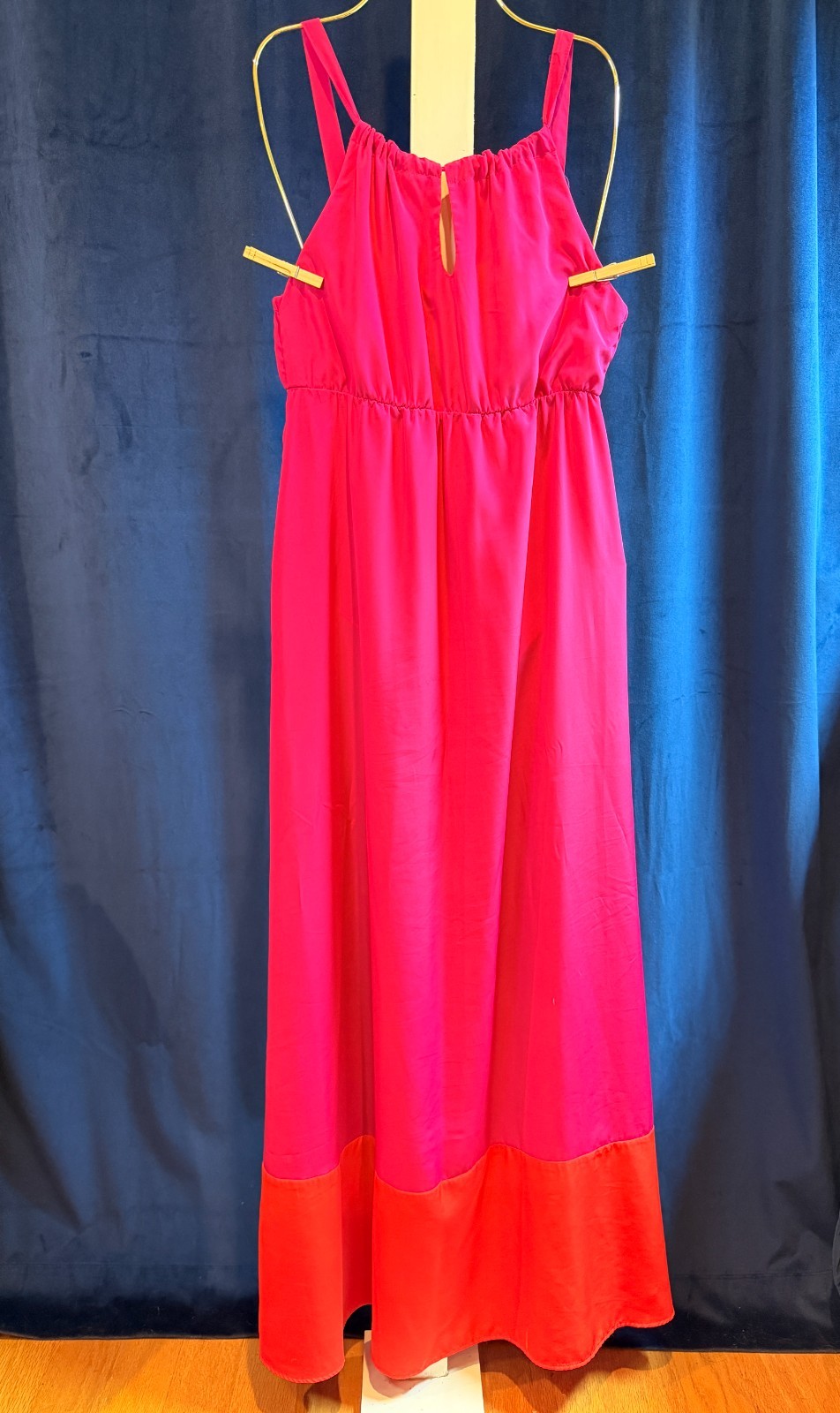 Colorblock Pink and Orange Empire Waist Halter Maxi Dress – size S