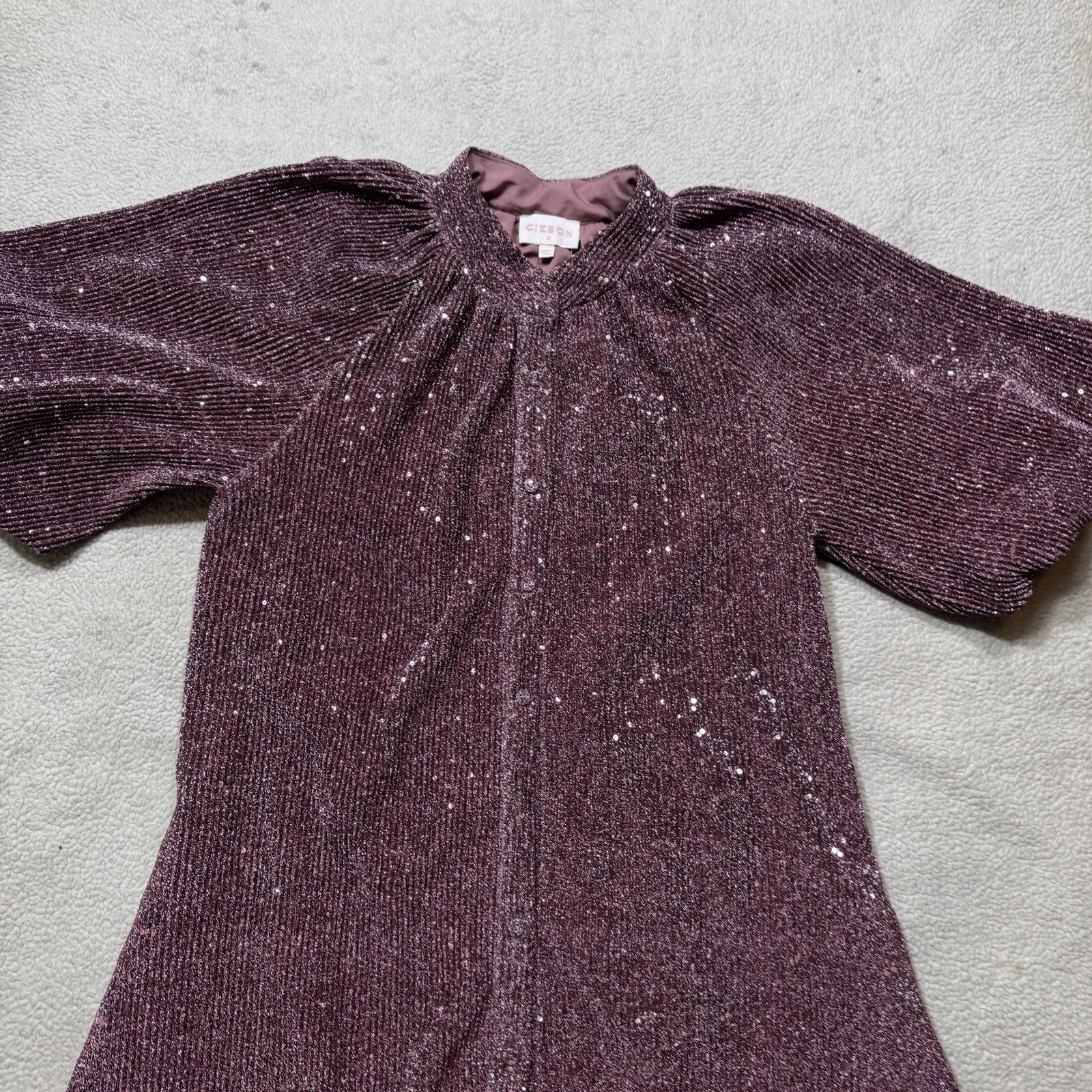 Ciebon Dress Womens Small Aniston Sequin Button-Up Metallic Pink Puff Sleeve
