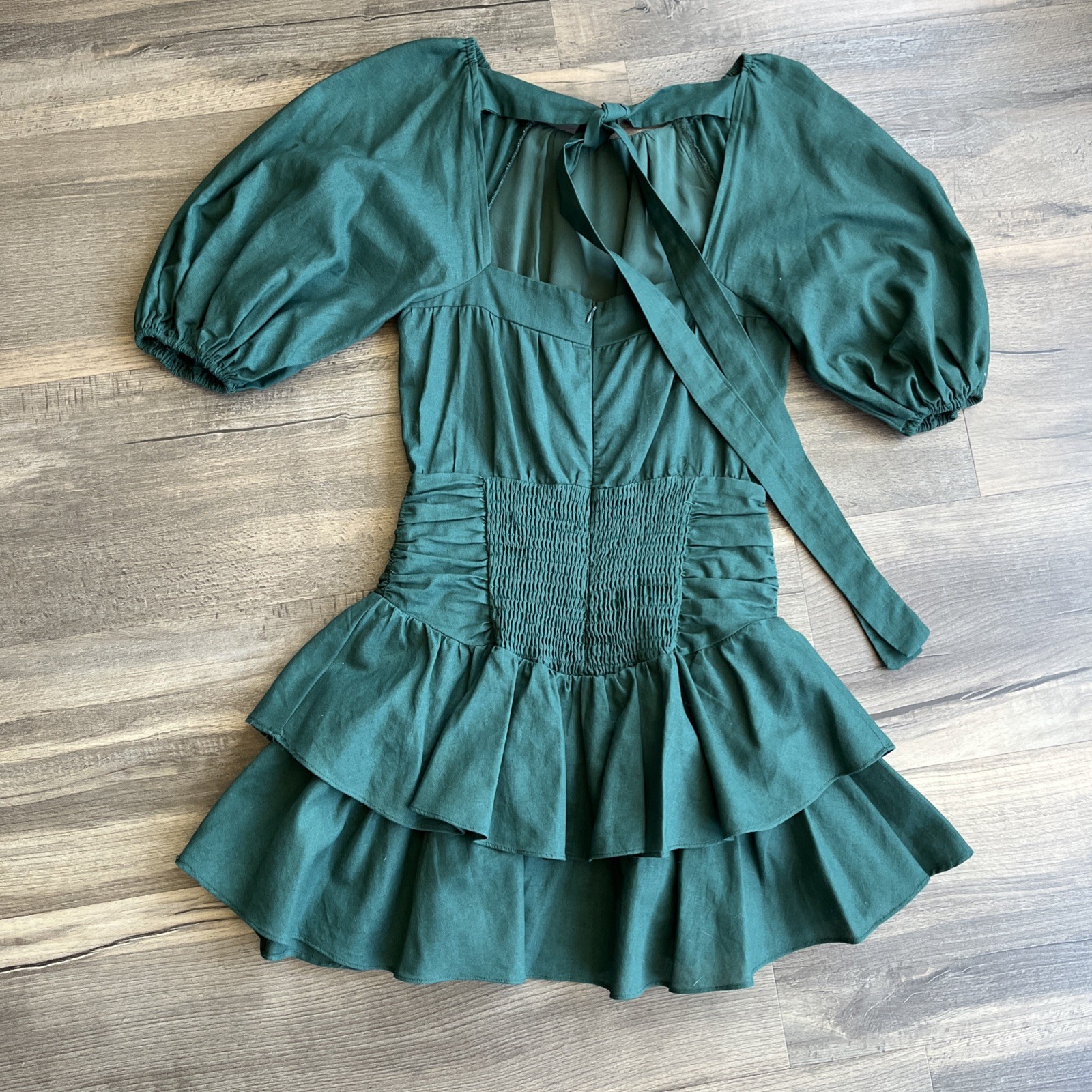 All About May Tiered Mini Dress Cotton Linen Blend Balloon Sleeves Back Tie Sz 2