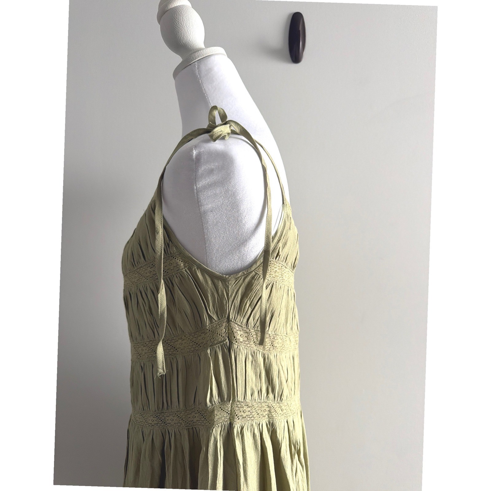 Storia Boho Green Crochet Lace Chevron Tie Strap Pleated Midi Dress Sleeveless S