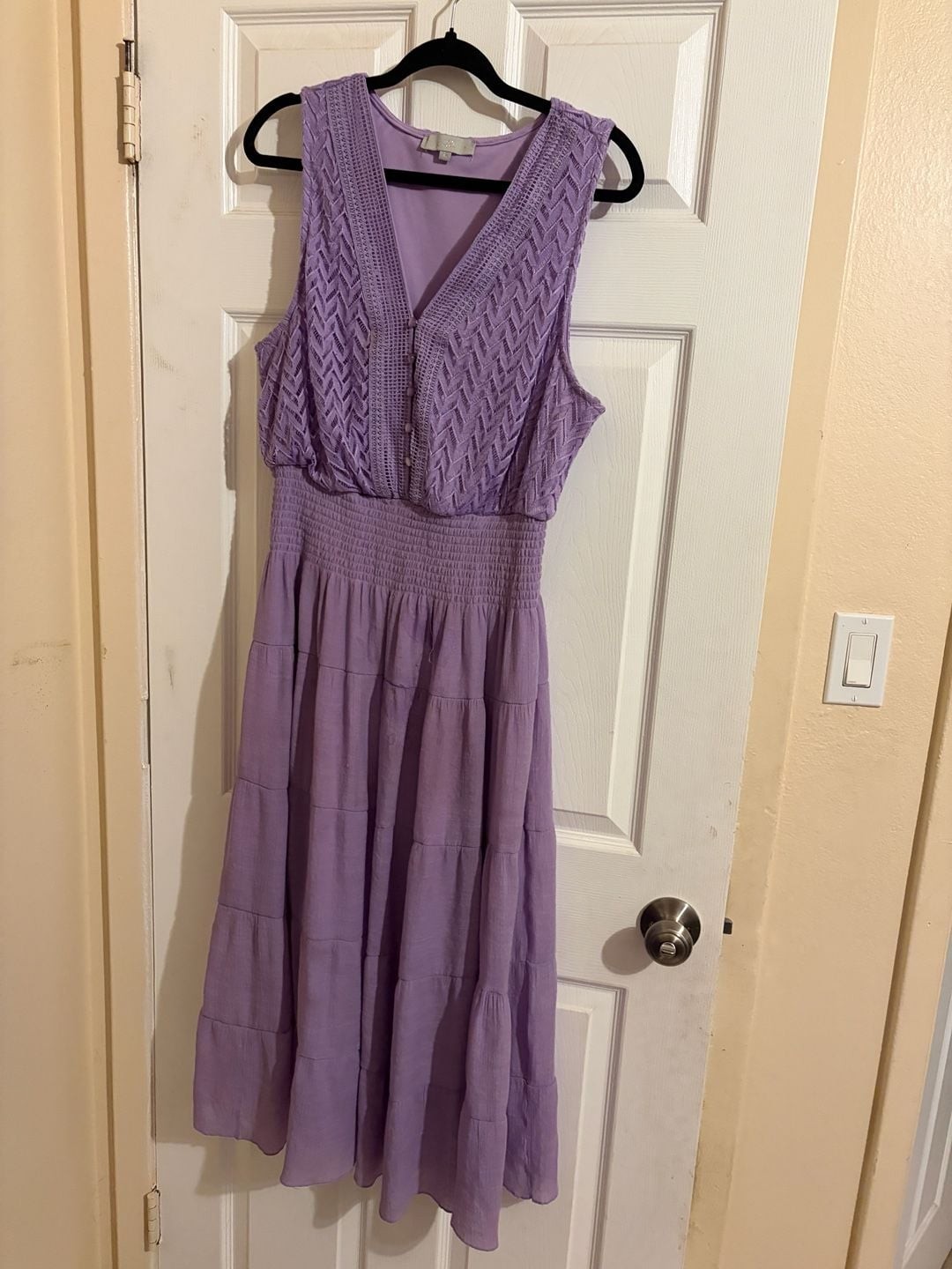 J Gee Lilac Tiered Midi Dress with Crochet Detail and Smocked Waist Size 2X HOM1