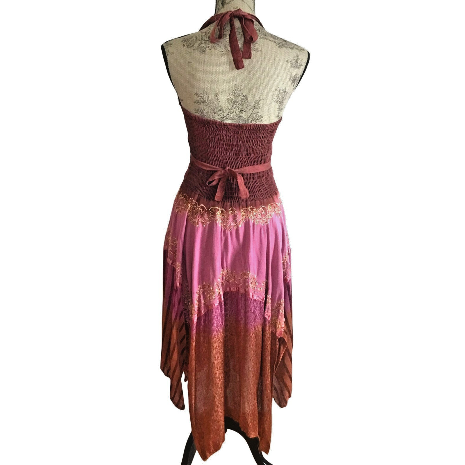 Boho Patchwork Halter Dress Sequin Embroidered Asymmetrical Handkerchief Hem S