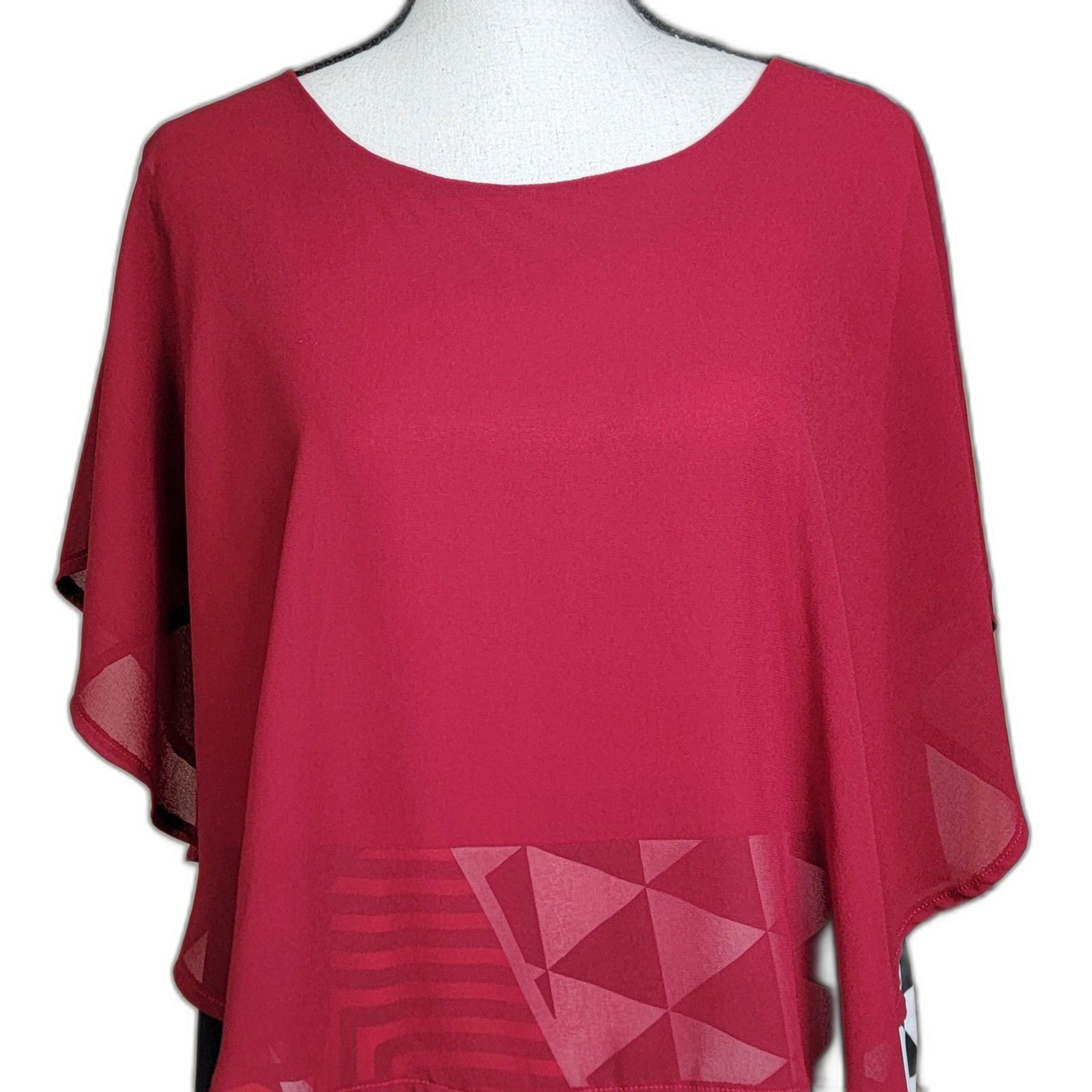 Women’s L Red Chiffon Cape Top Geometric Print Stretch Bodycon Sheath Dress