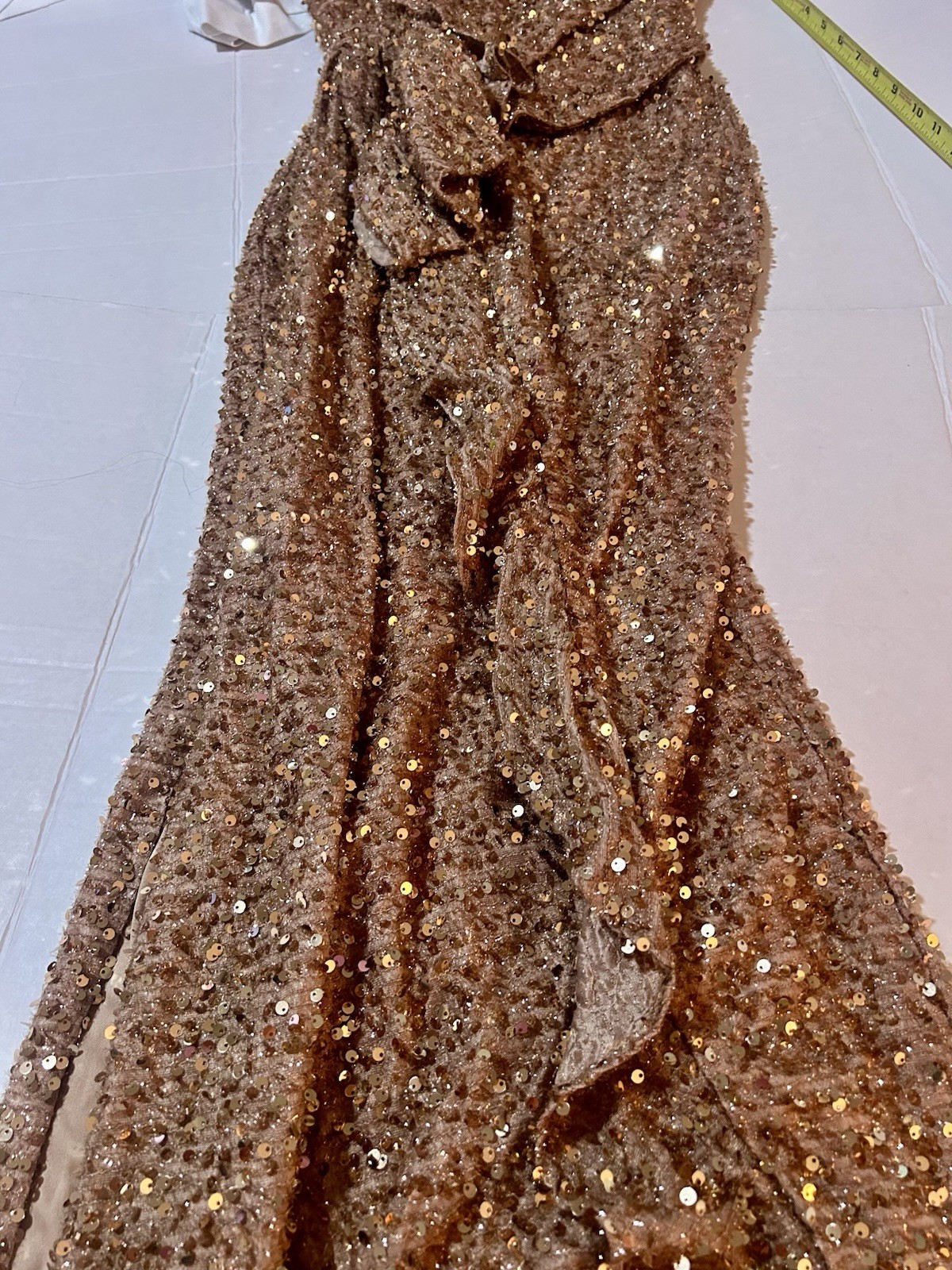 Draped Asymmetric Party Dress Prom Evening GOLD V Neck Ruched S Sequined Ruffle