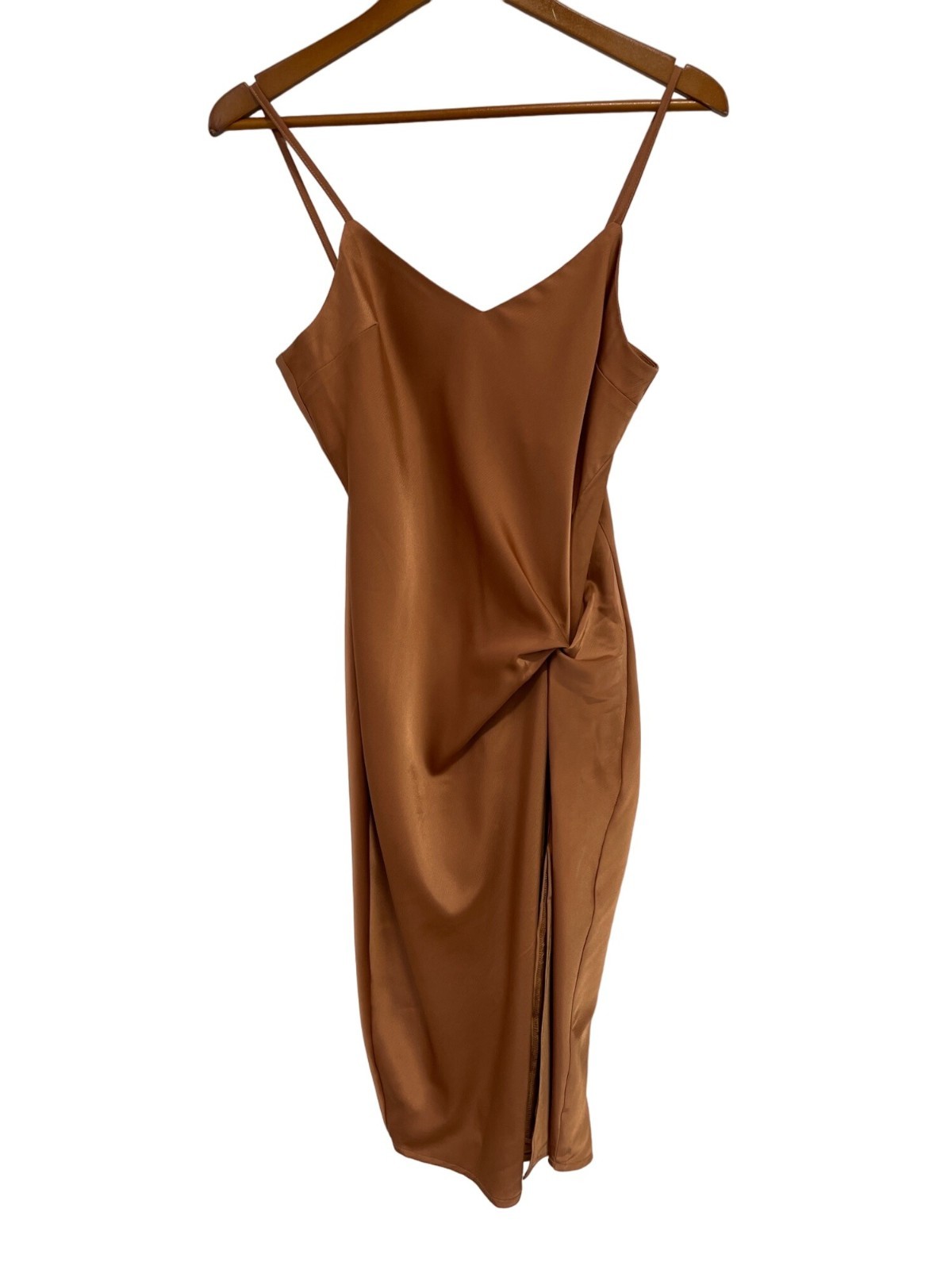 Glam Satin Ruched Midi Dress Size One Size Rust Brown Side Slit Spaghetti Strap
