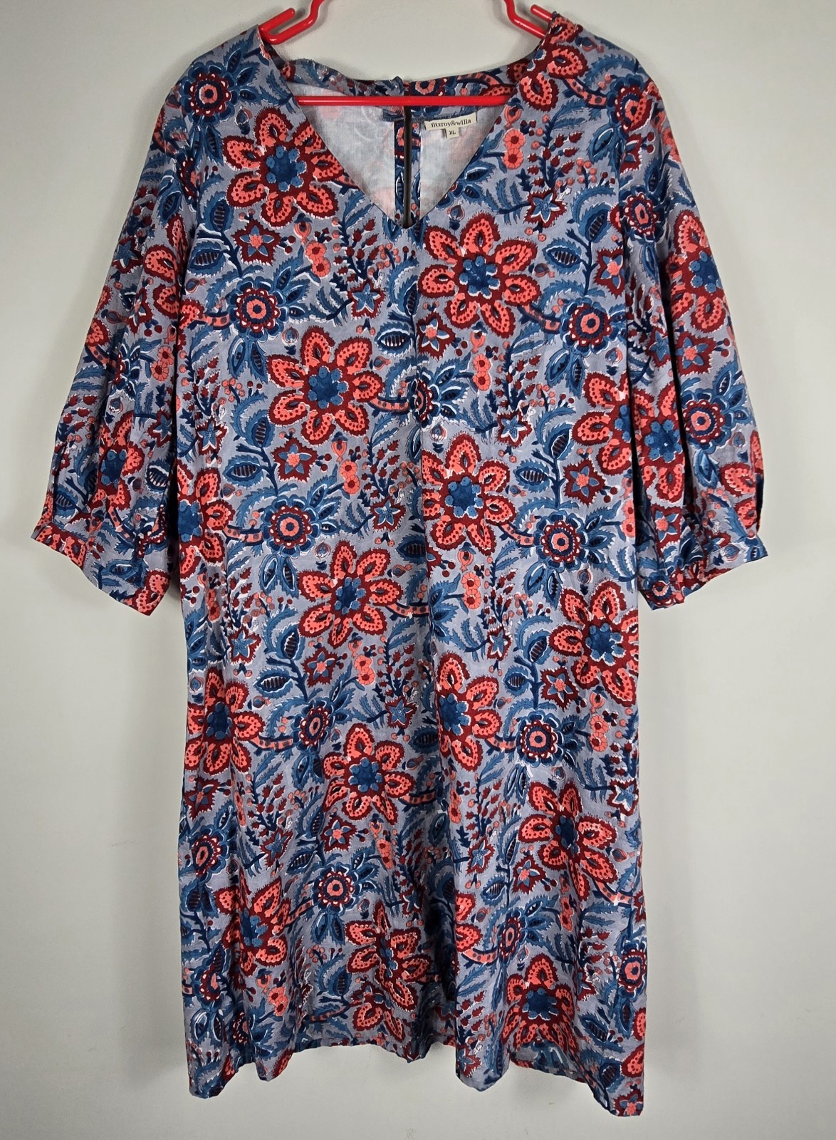 Fitzroy & Willa Puff Sleeve Midi Shift Dress Floral Boho Lined 100% Cotton XL