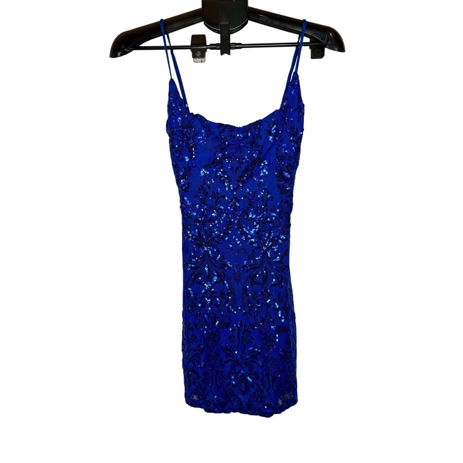 Windsor Royal Blue Sequin Damask Lace Up Back Bodycon Mini Dress Womens Small