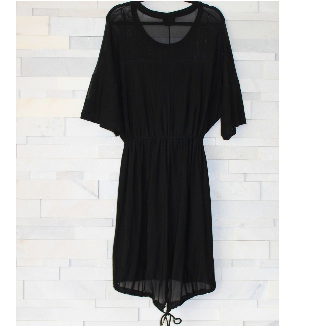 CITY CHIC Sheer Mesh Overlay Drawstring Waist/Hem Stretch Midi Dress Black M/18
