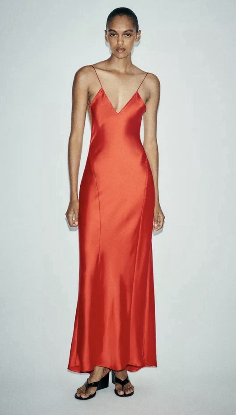 Zara Open Back Long Satin Dress Bright Red V-Neck Maxi Slip Evening Party XS NWT