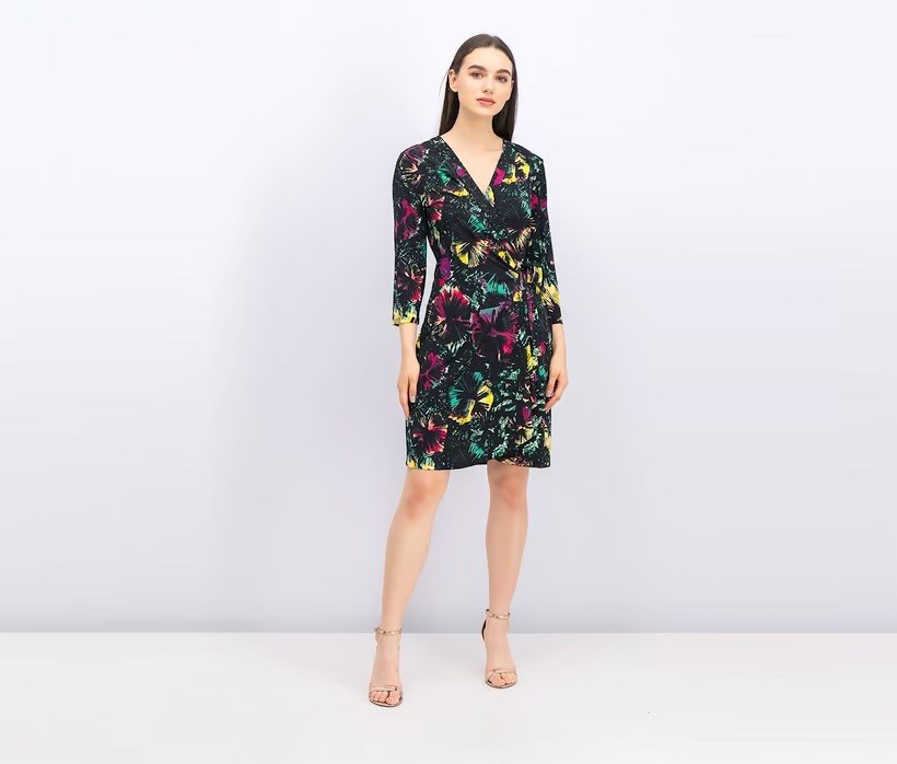 NWOT BCBGMaxazria Adele Short Wrap Dress Black Multicolor Print NEW 3/4 Sleeve
