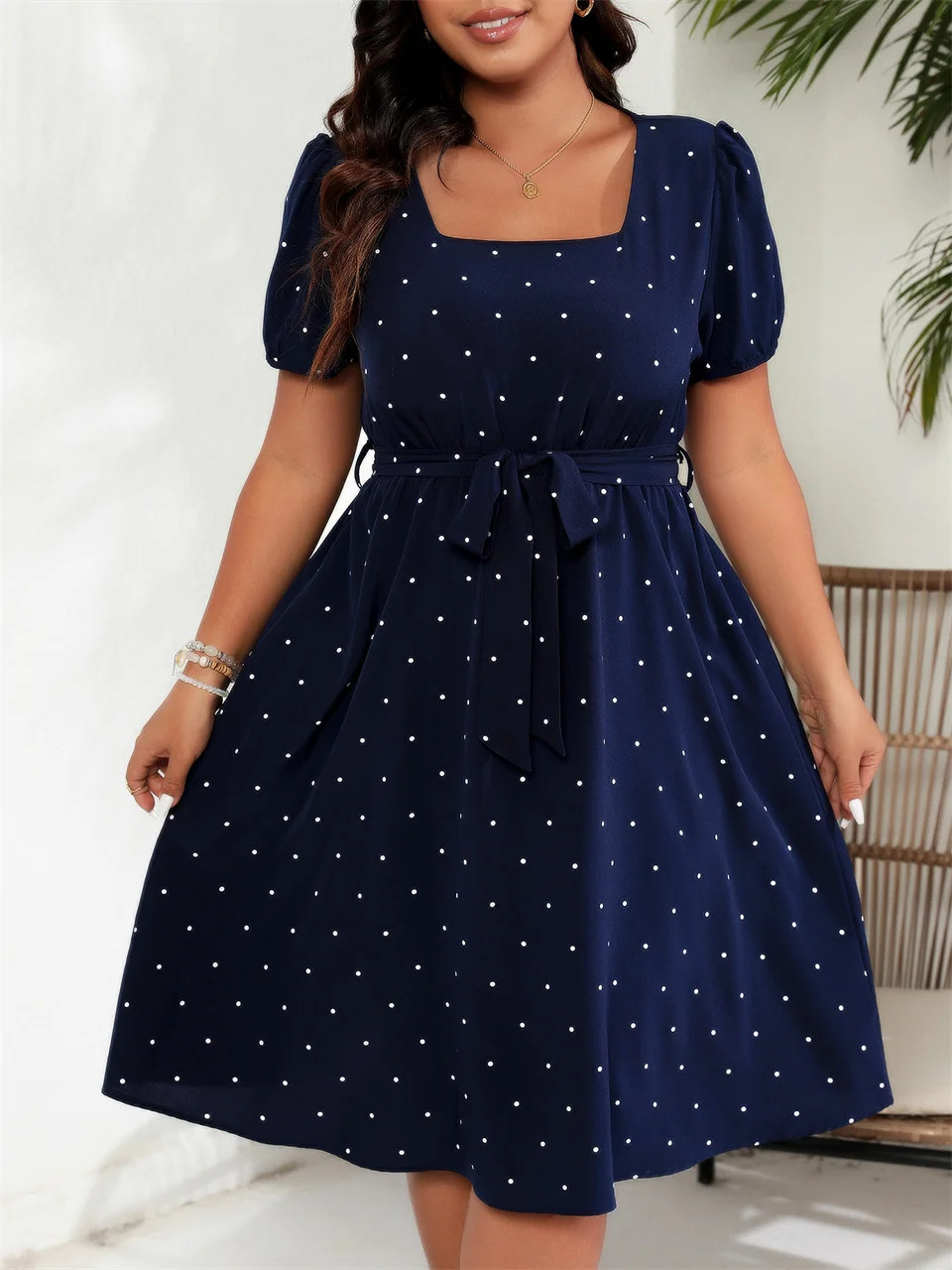 Plus Size Square Neck Polka Dot Belted Dress Women’s Elegant Retro.