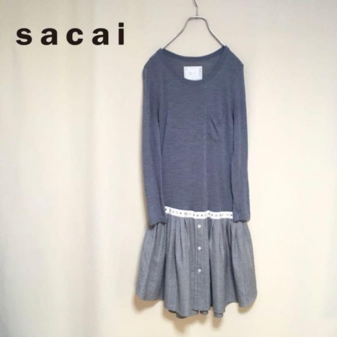 Sacai Wool Switch Dress Gray Size 1 S Japan 96cm 37.8in Cone Studs Ladies