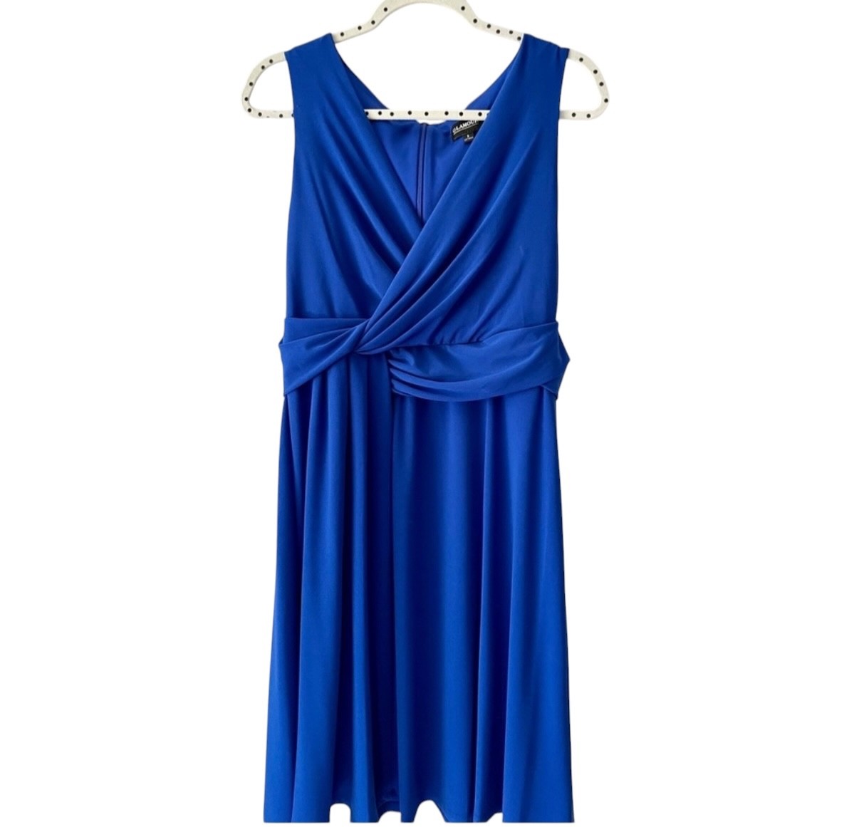 GLAMOUR Ladies Sz 8 blue dress, Wrap top with gathered and side split skirt.
