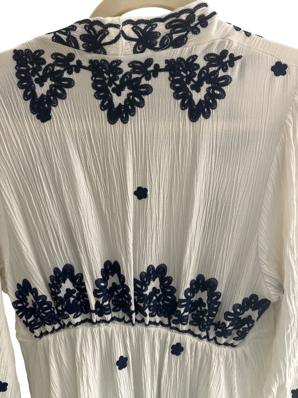 CEM Turkish Women’s White Gauze Midi Dress Navy Embroidery Sz Small (Runs Small)