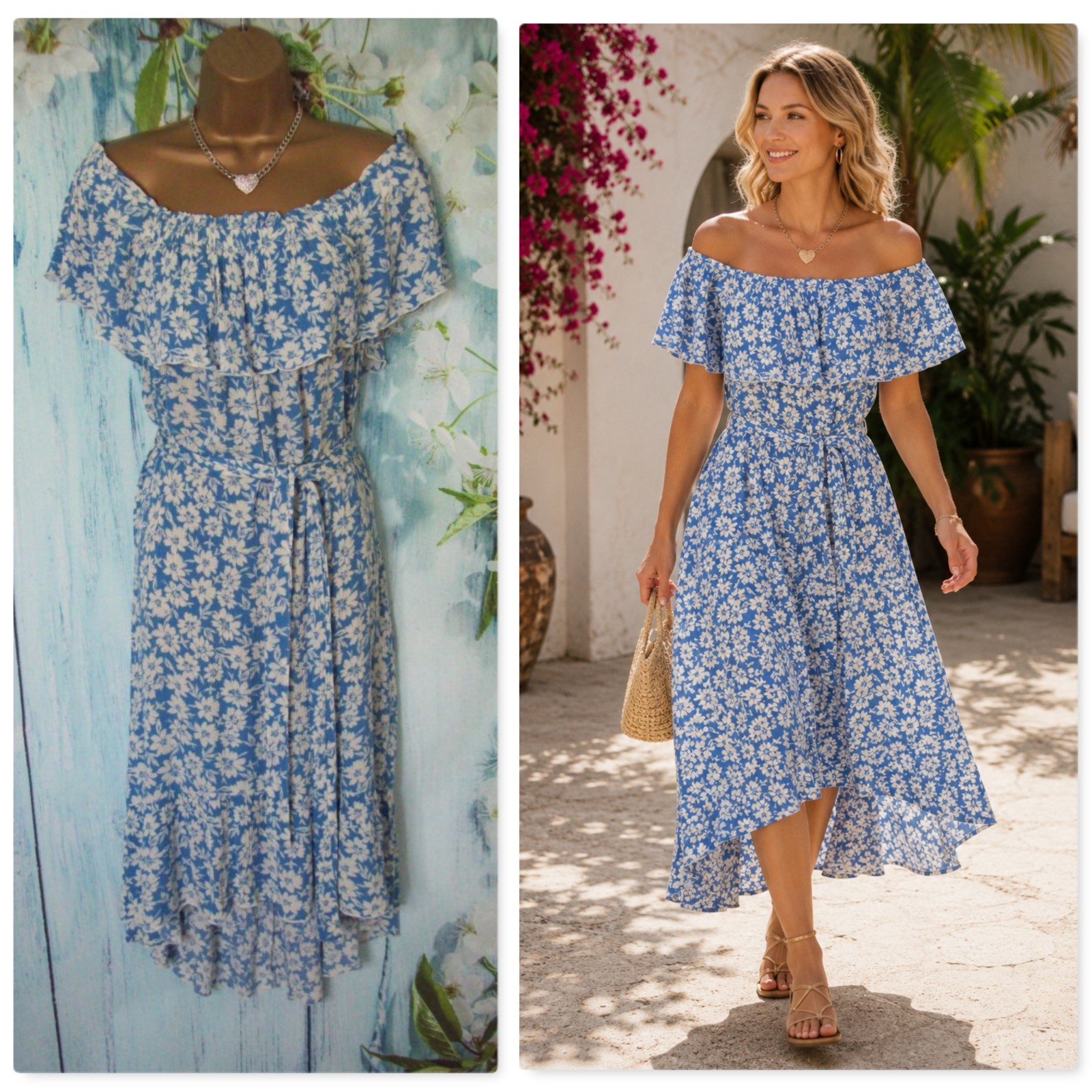 New George Blue White Floral Bardot Dress Size 14 Crinkle Viscose Holiday Summer