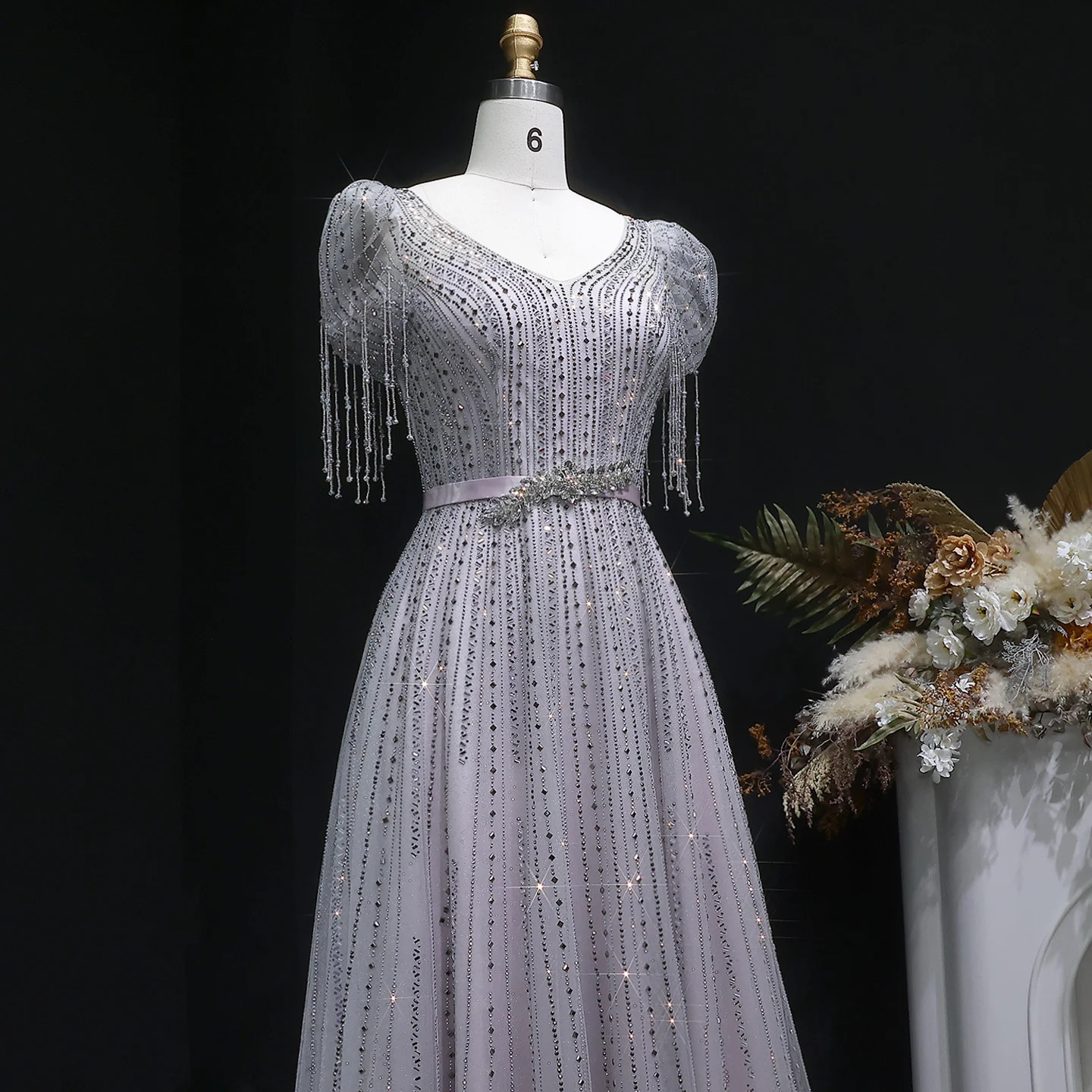 Luxury Beaded Evening Dress with Bubble Sleeves A-line Dubai Prom Lace Ball Gown