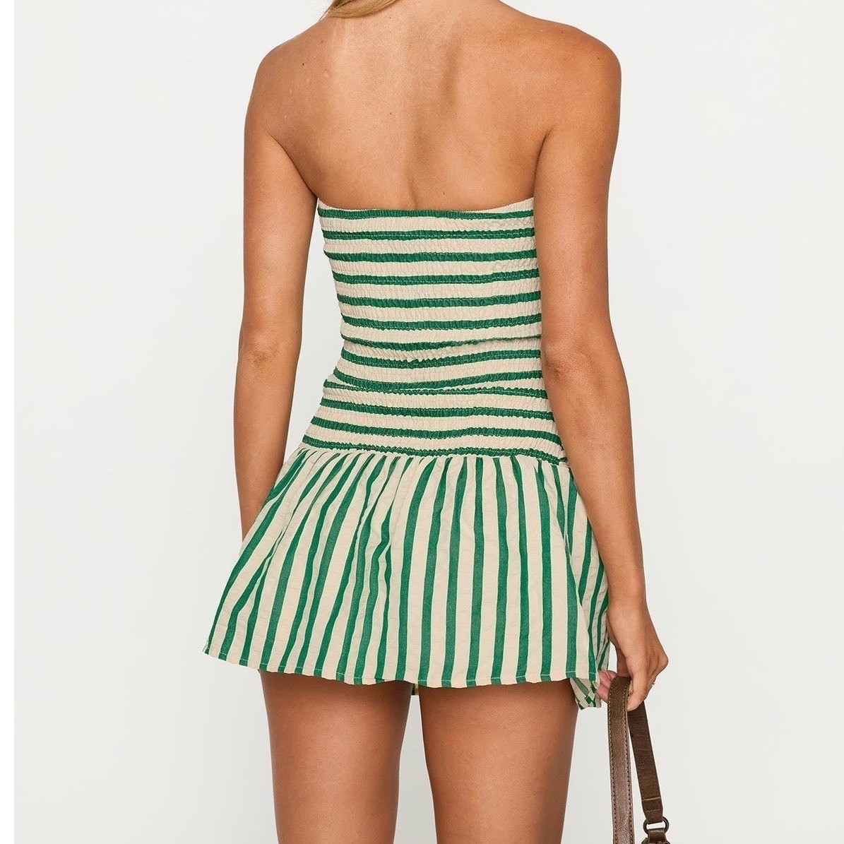 Princess Polly Montebello Strapless Mini Dress Green Striped Smocked Size US 12