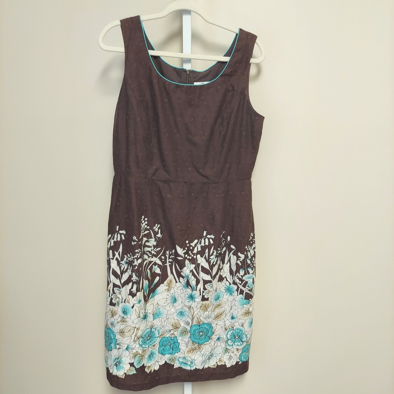 Studio I Brown Floral Eyelet Sleeveless Cotton Dress 12 Garden Preppy