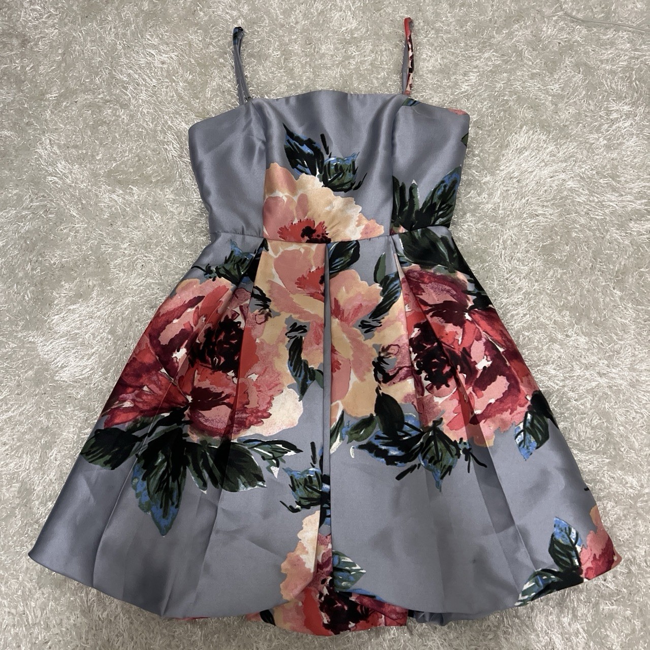 Formal Blue-grey Floral Dress With Red And Pink Flowers And Adjustable Straps