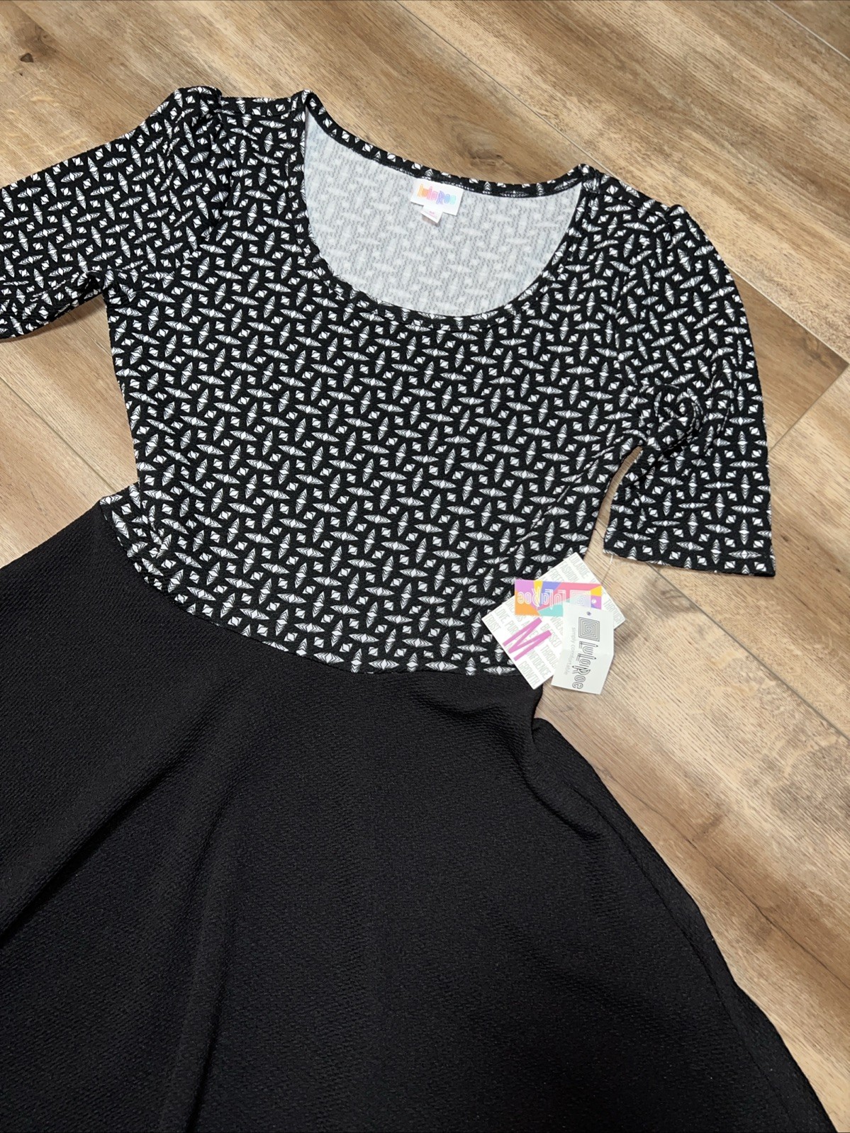 Lularoe Nicole Dress Black White 2 Print Solid Diamonds Medium 10/12 8/10 New ❤️
