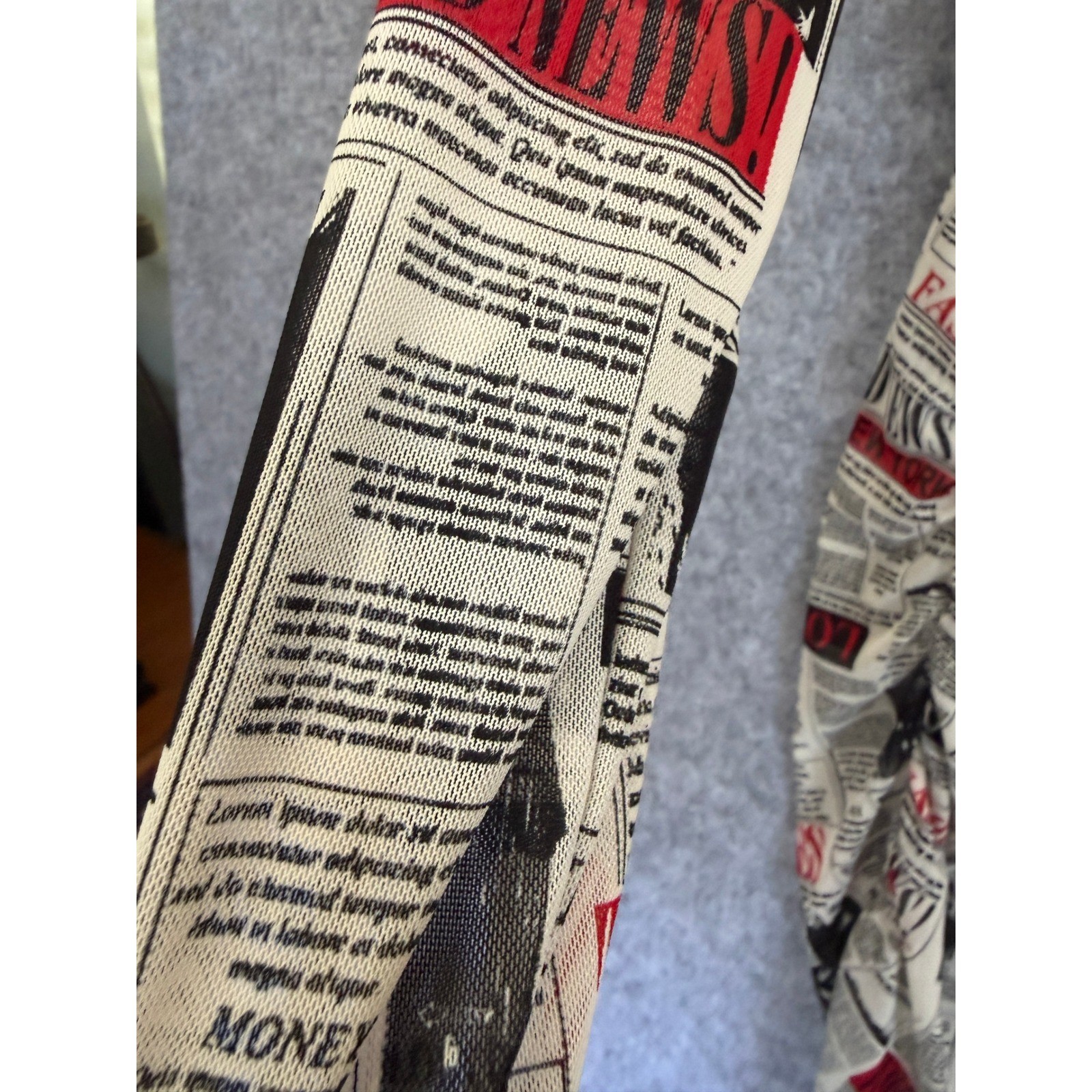 OBJEX Newspaper Print Mesh Ruched Long Sleeve Midi Bodycon Dress Black Red White