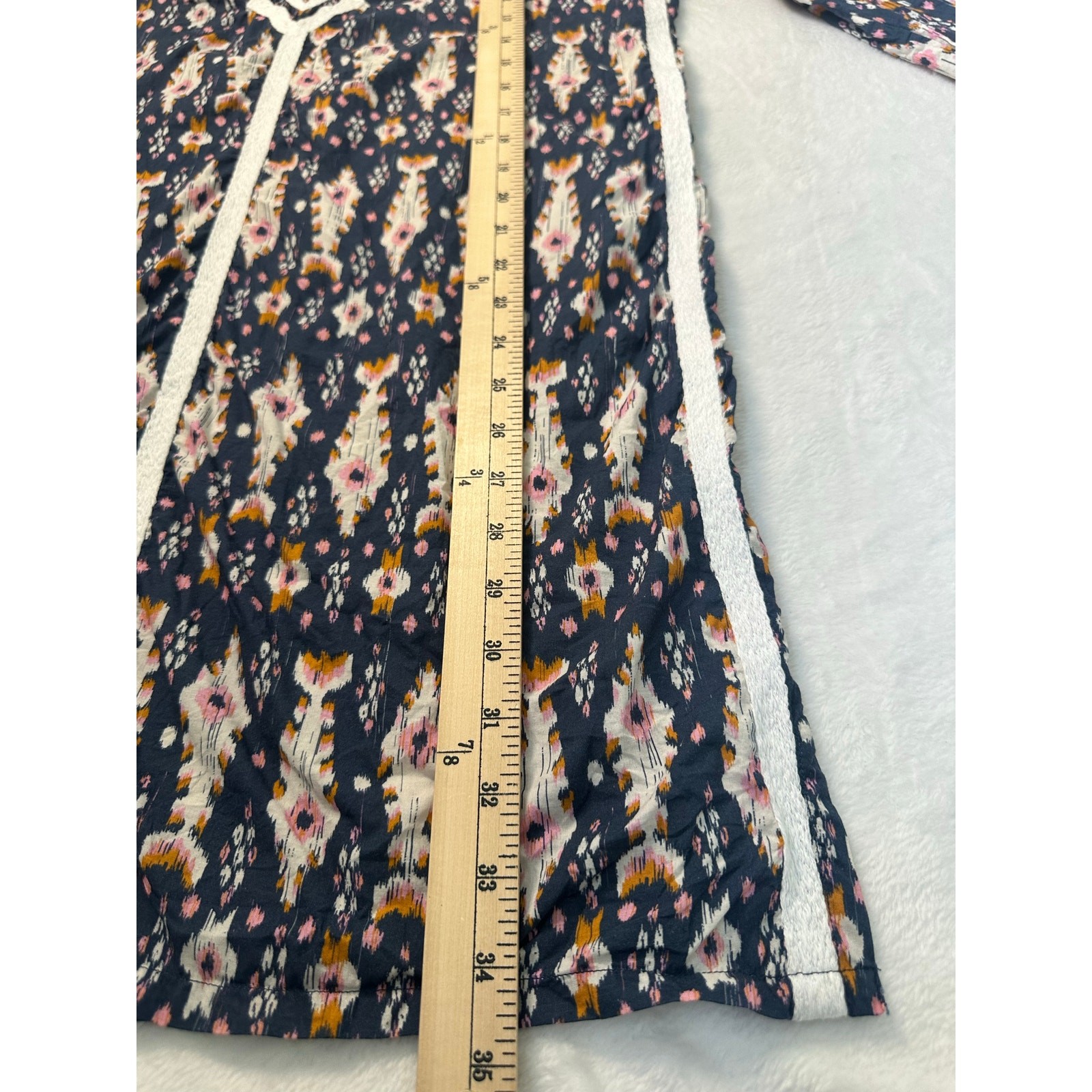 FIGUE Ella Tassel Ikat Mini Dress Tunic Boho Crochet Trim Pom Pink Blue Large
