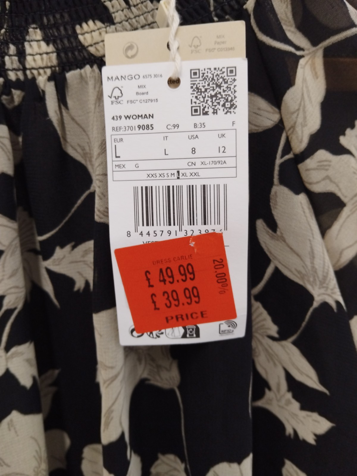 BNWT Mango MNG Committed Black Cream Floral Print Lined Dress Size 12 RRP £39.99