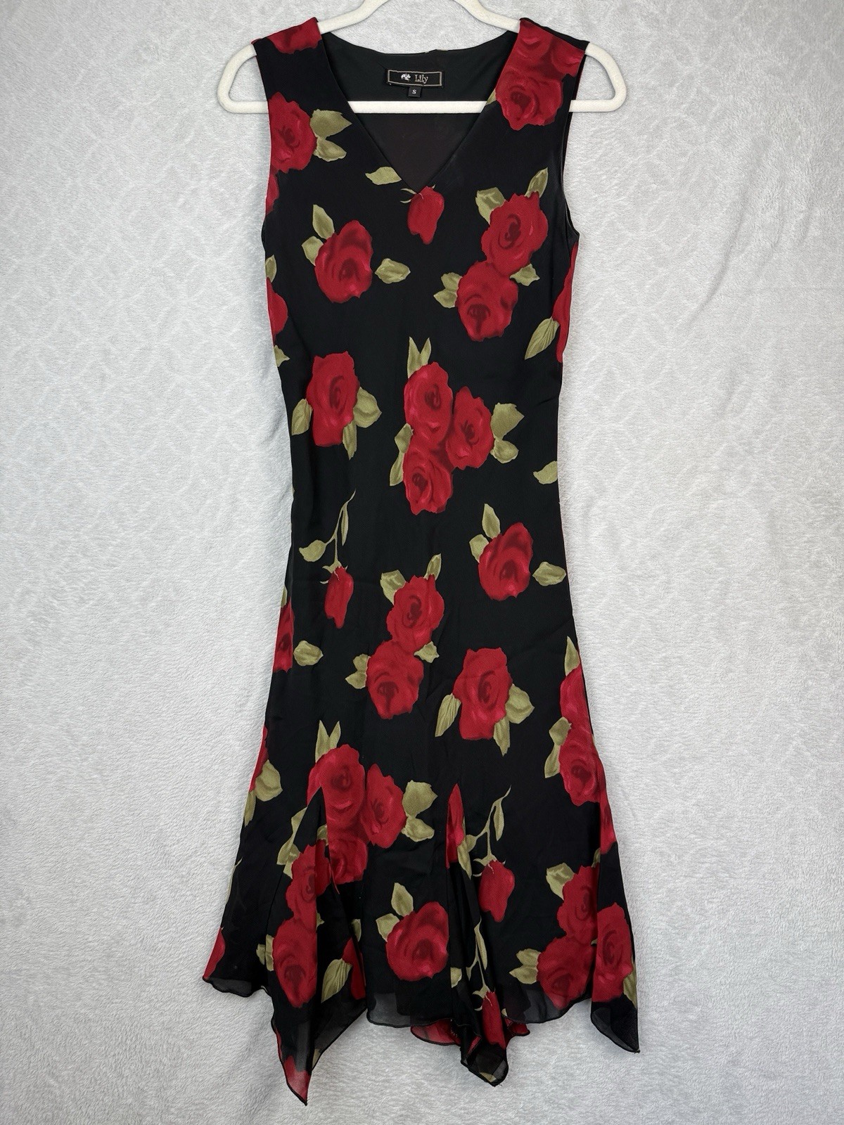 Vtg 90s Midi Dress Small Black Floral Asymmetrical Whimsigoth Fairy Grunge Y2K