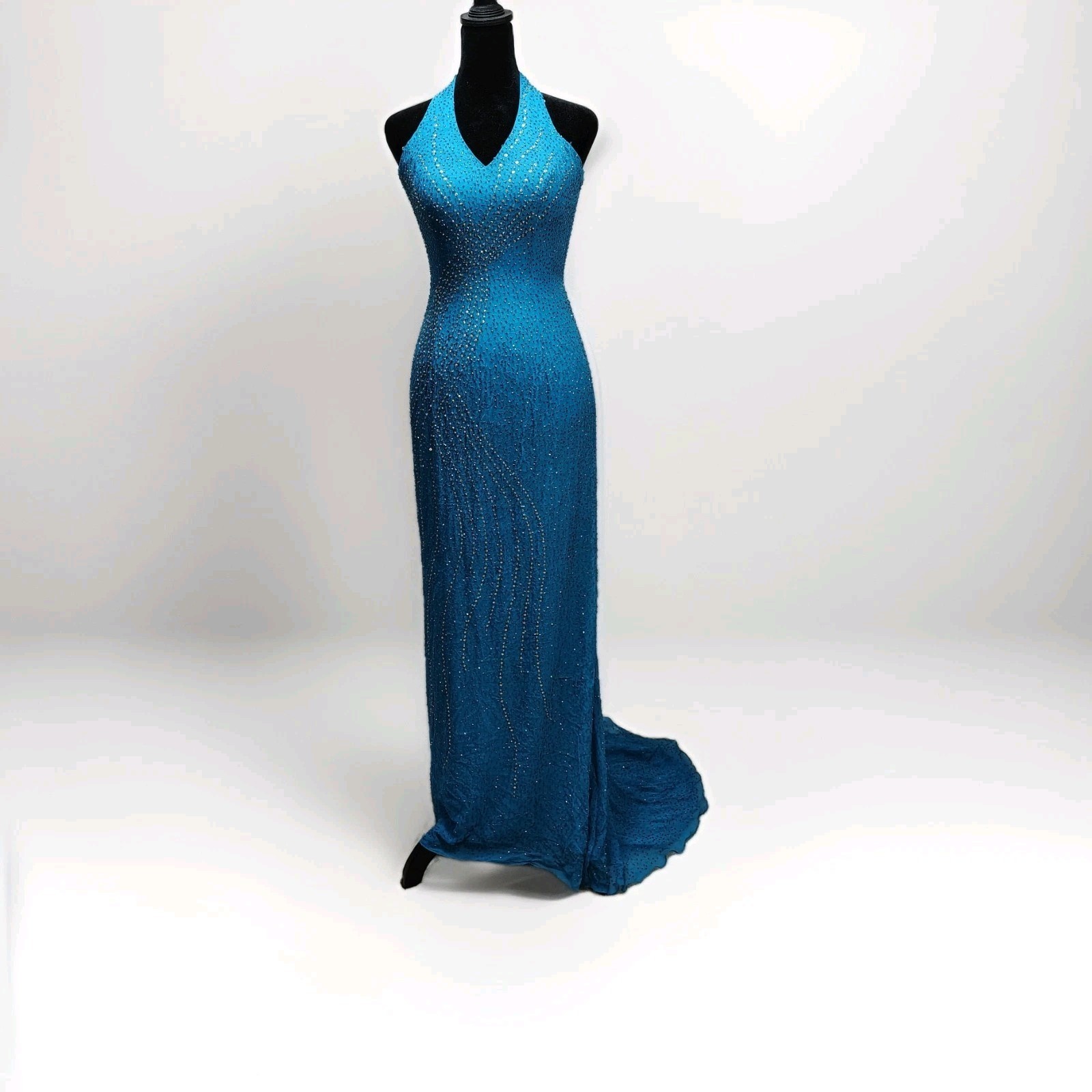 Tiffany Design Beaded Silk Prom Halter Dress Maxi Gown 4 Blue Fairy Glam