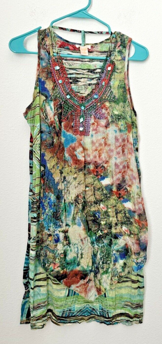 Klozlyne Women’s Boho Artsy Sleeveless Tie Dye Dress Lagenlook Embroidered Small