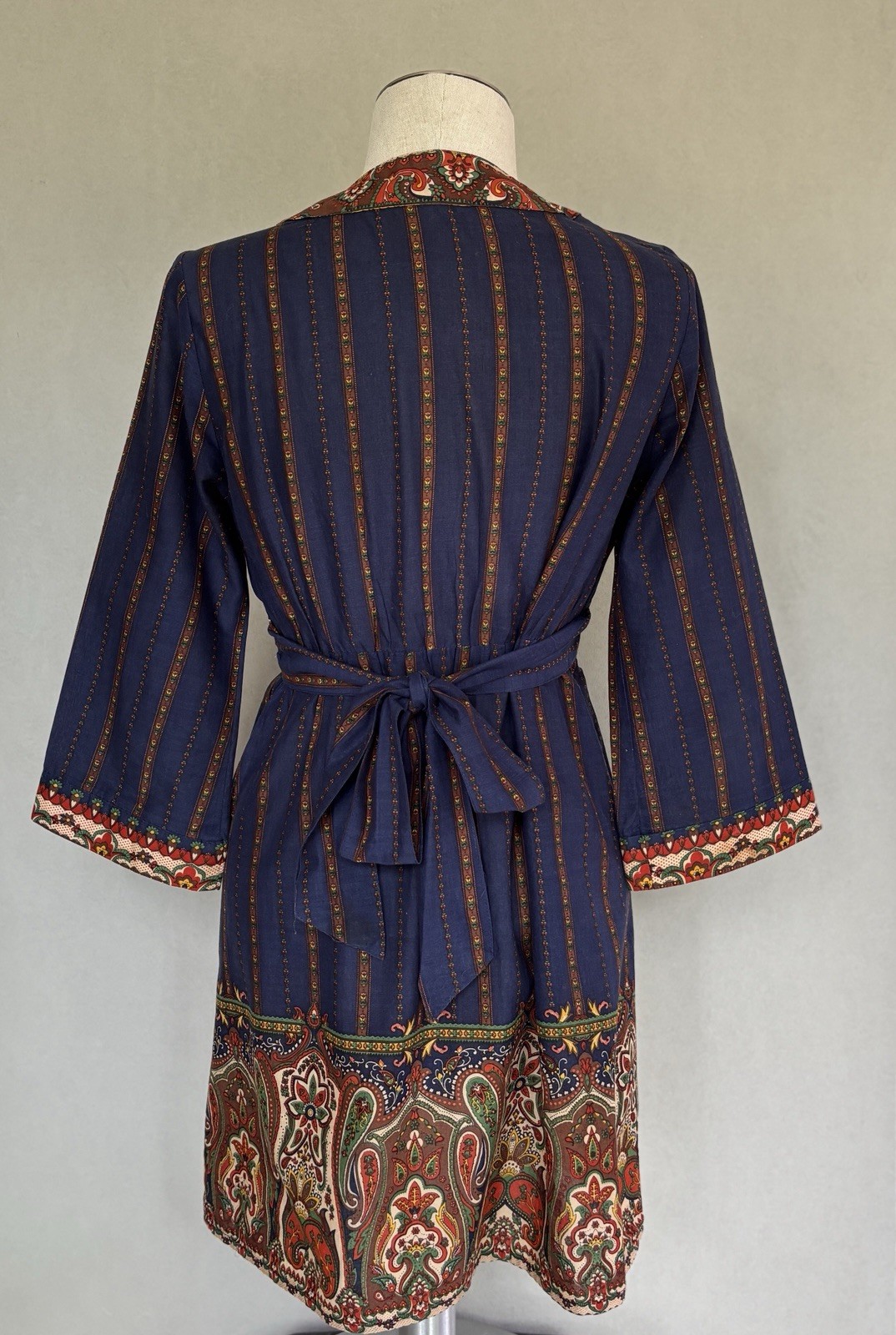 Le Lis Blanc Womens M Boho Mini Dress Paisley Print Tie Waist Bell Sleeve Cotton