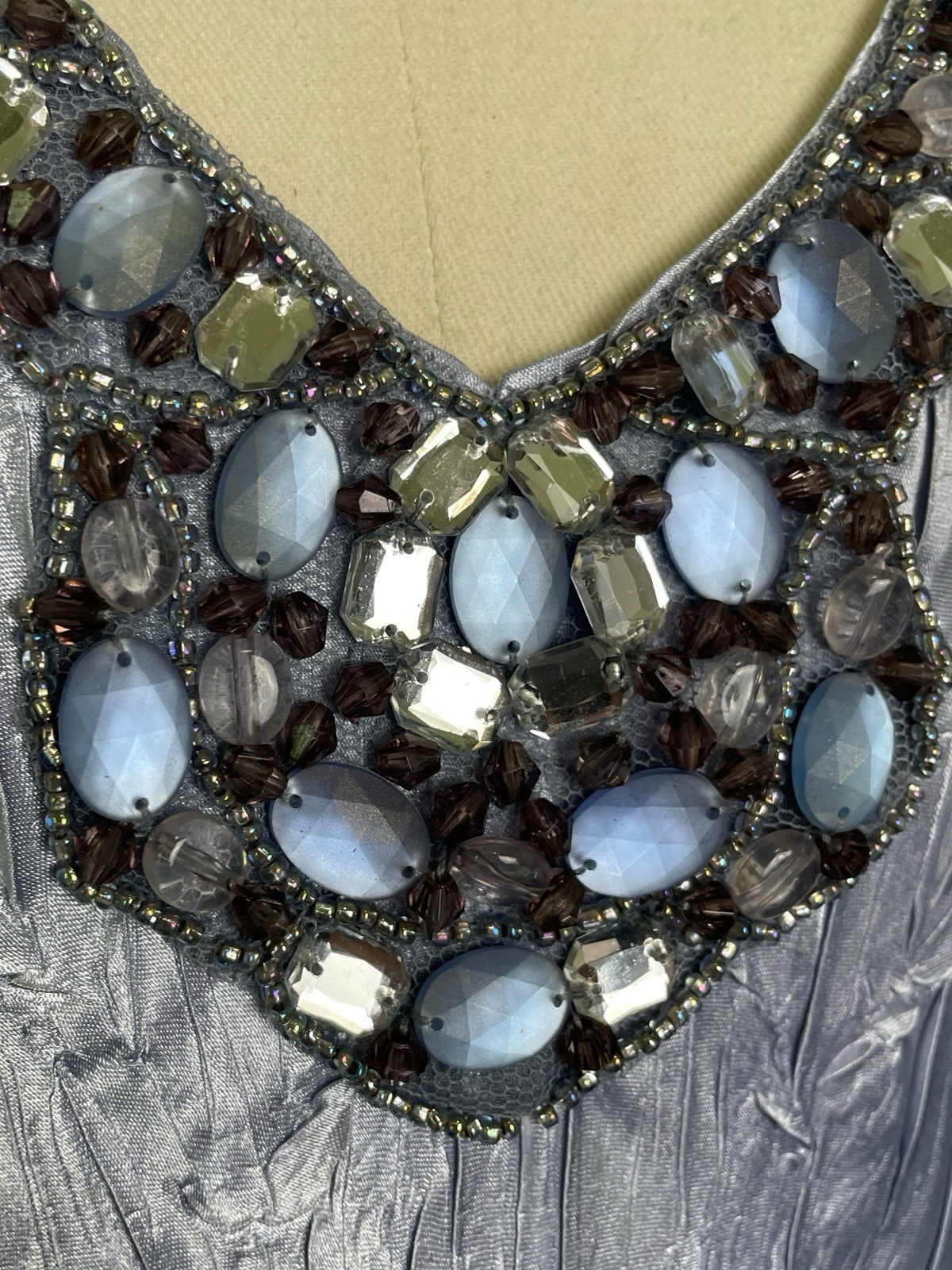 Komarov Blue gray charmeuse beaded layered slip dress 1920s delicate dreamy L