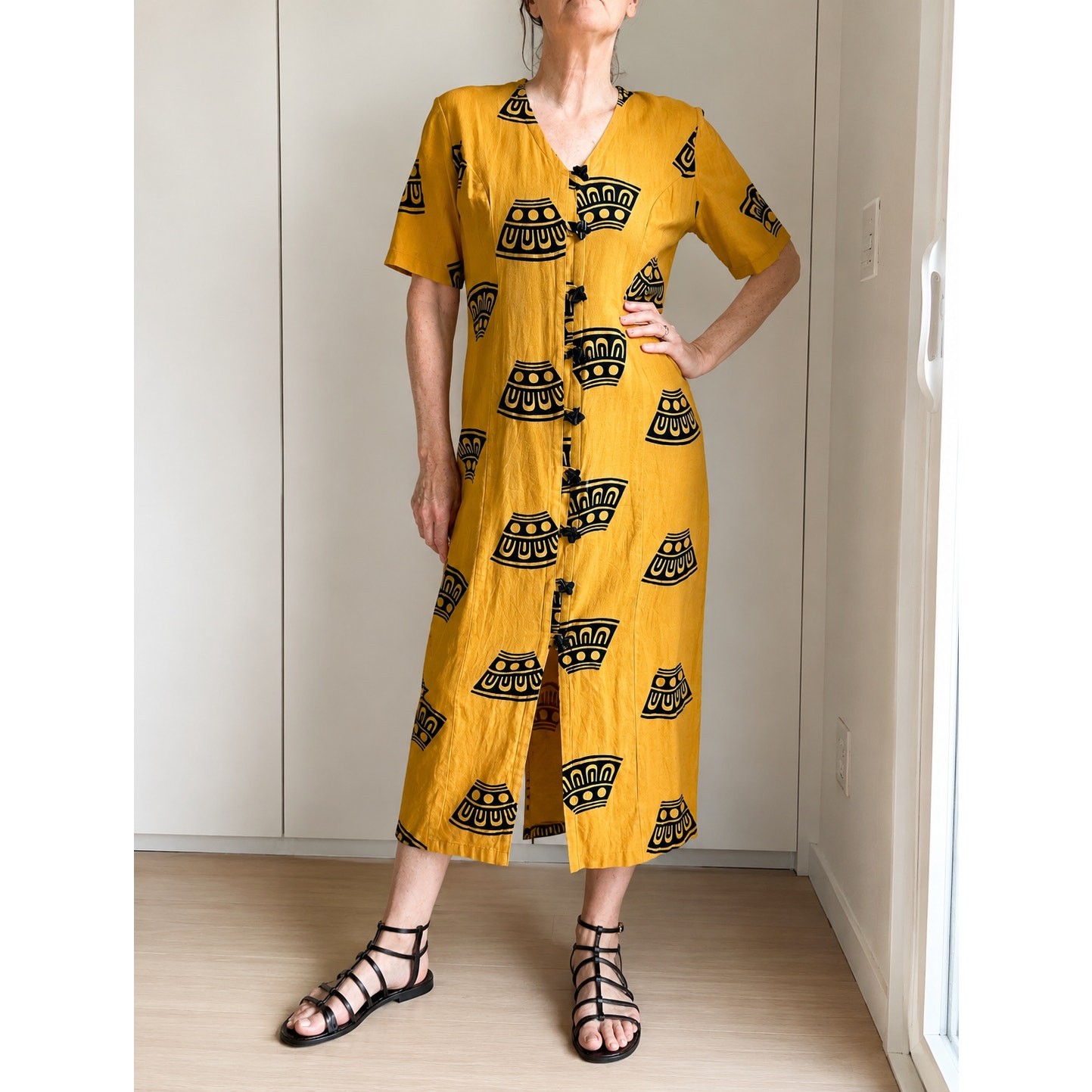 Womens Cotton Midi Dress Ethnic Graphic Print Size L India Cotton Golden/Black
