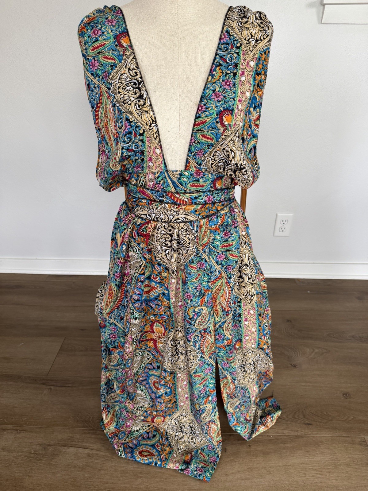 Boho Paisley Midi Dress Open Back Tie Waist Side Slit Flowy Wedding Festival S