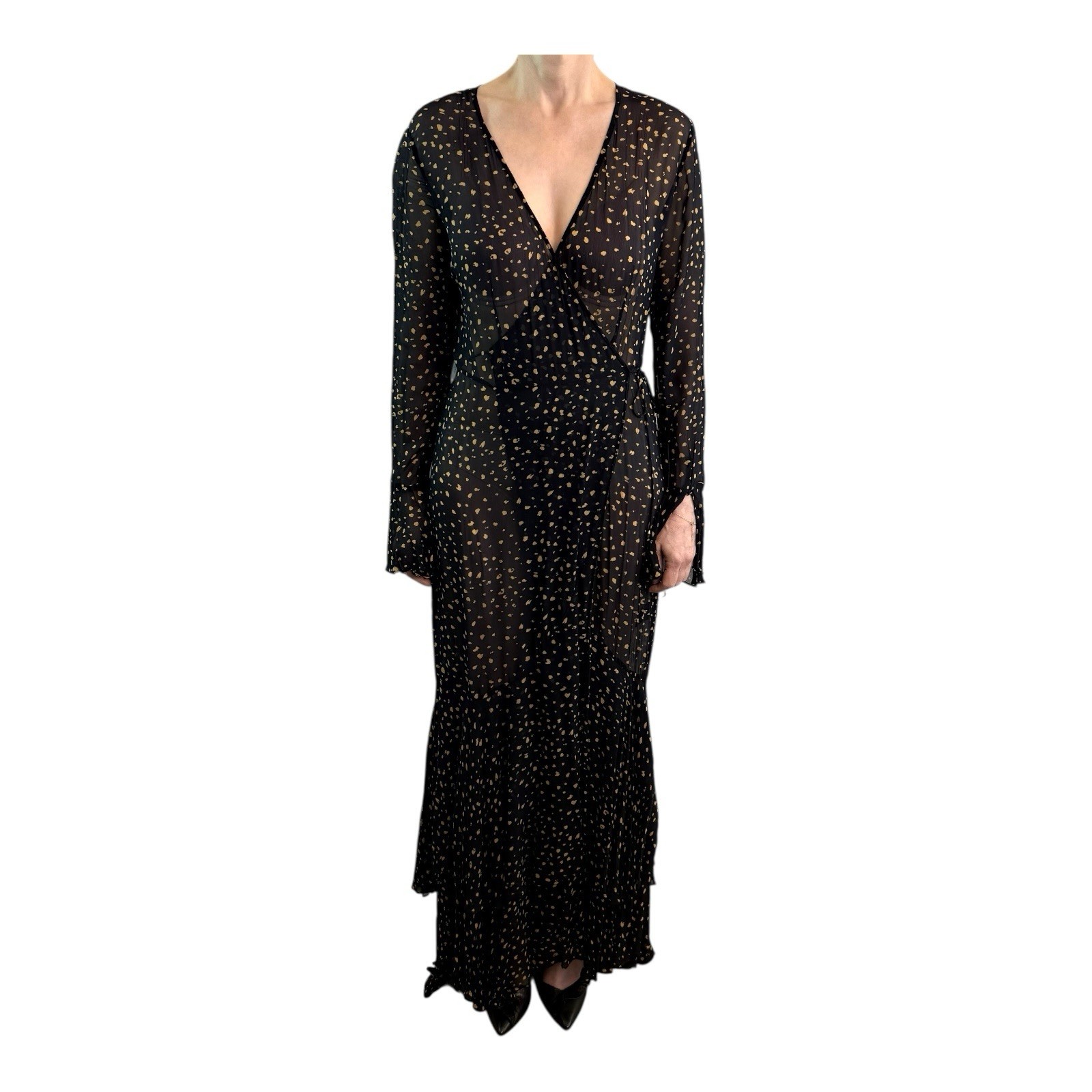 Husk Size 8 Aus 4 US Black Yellow Spot Chiffon Long Sleeve Wrap Dress Designer