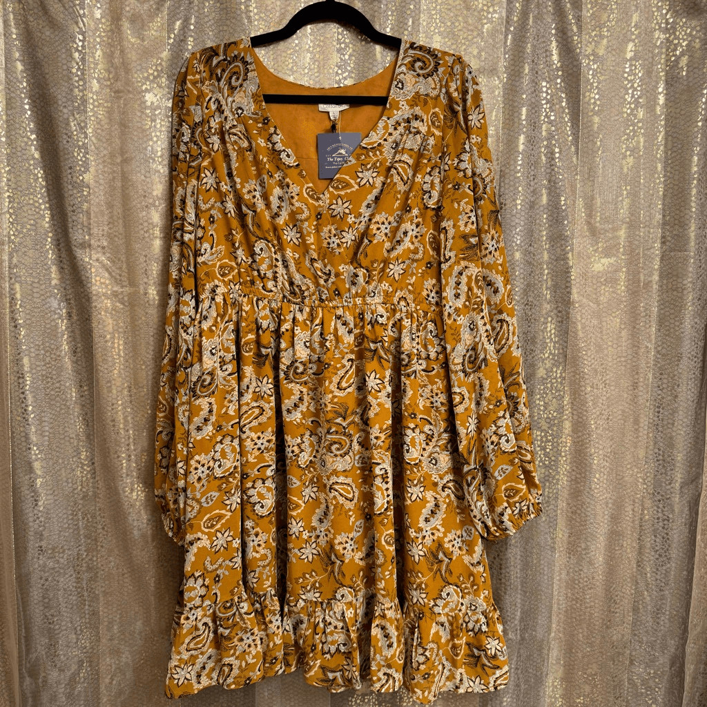 Cotton Bleu Golden Yellow Brown Paisley Long Sleeve Dress Large NWT