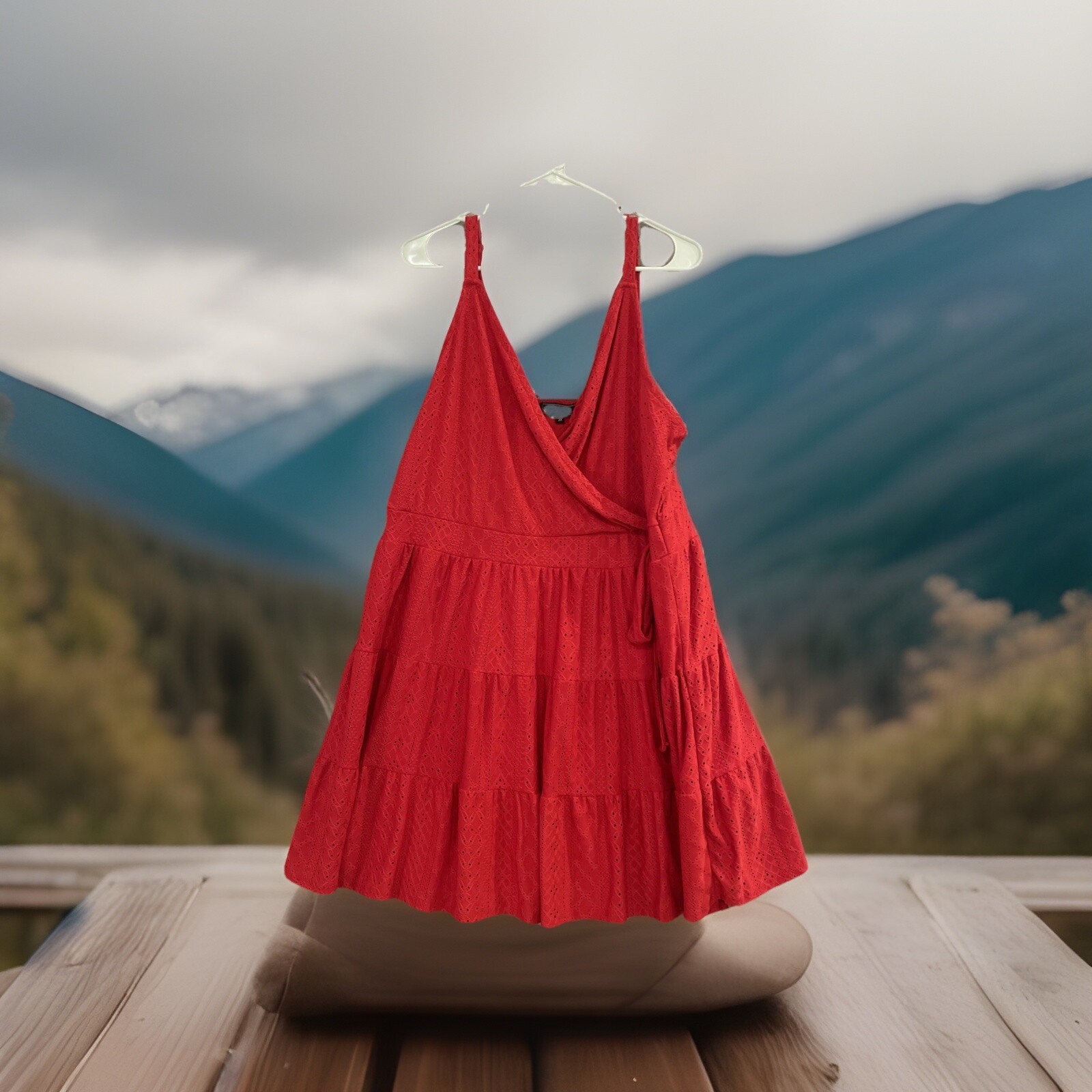 Vibes Sportswear Plus Size 3X Red Dress, Flirty Perforated Tiered Short 4th