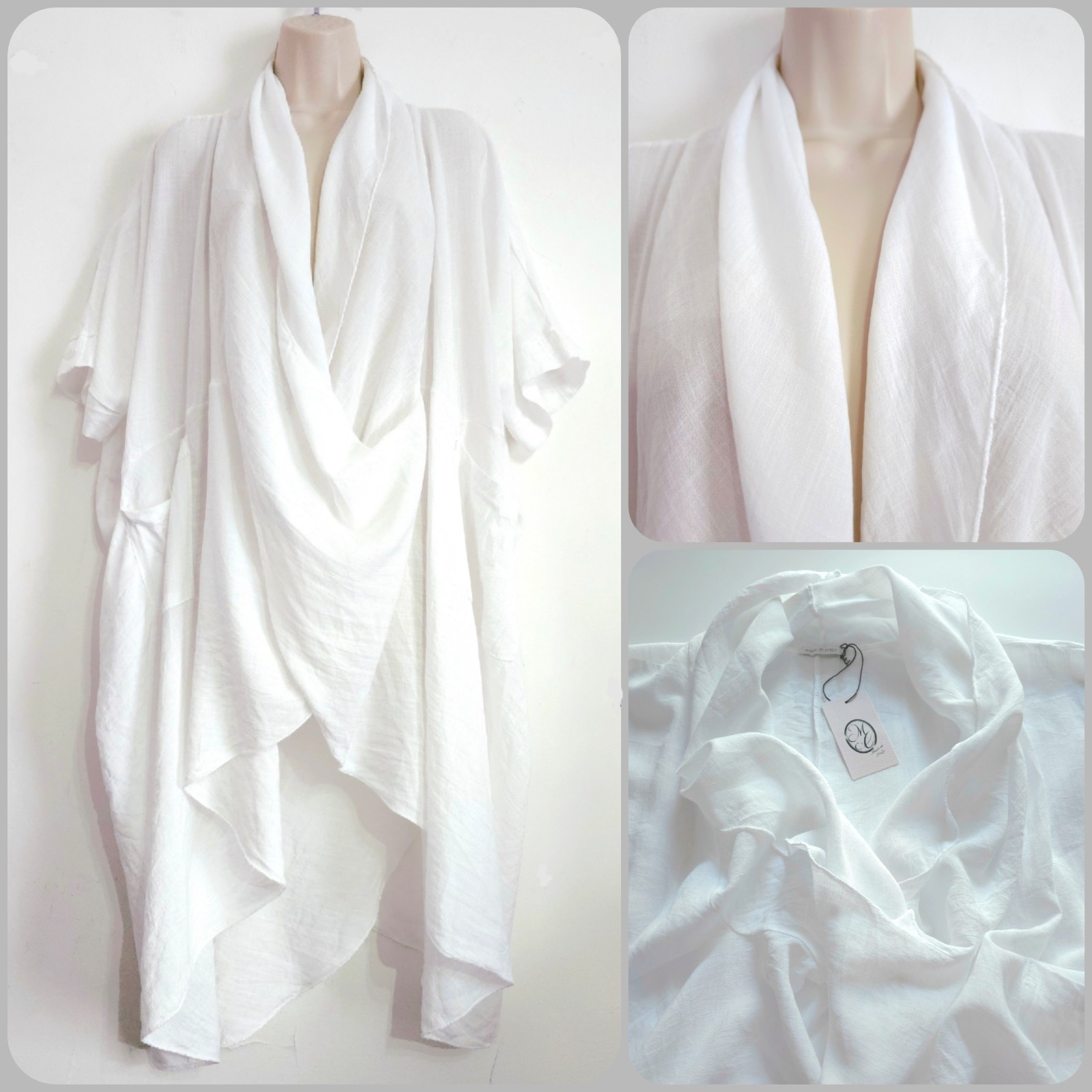 Made In Italy Free Size White Lagenlook Crossover Draped Neckline TunicPockets