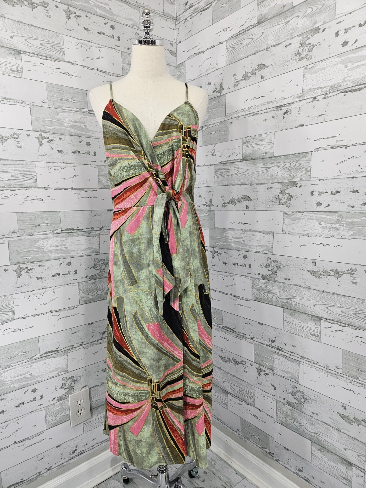 Jason Wu Linen Blend Midi Dress Green Pink Abstract Print Tie Front Women 10