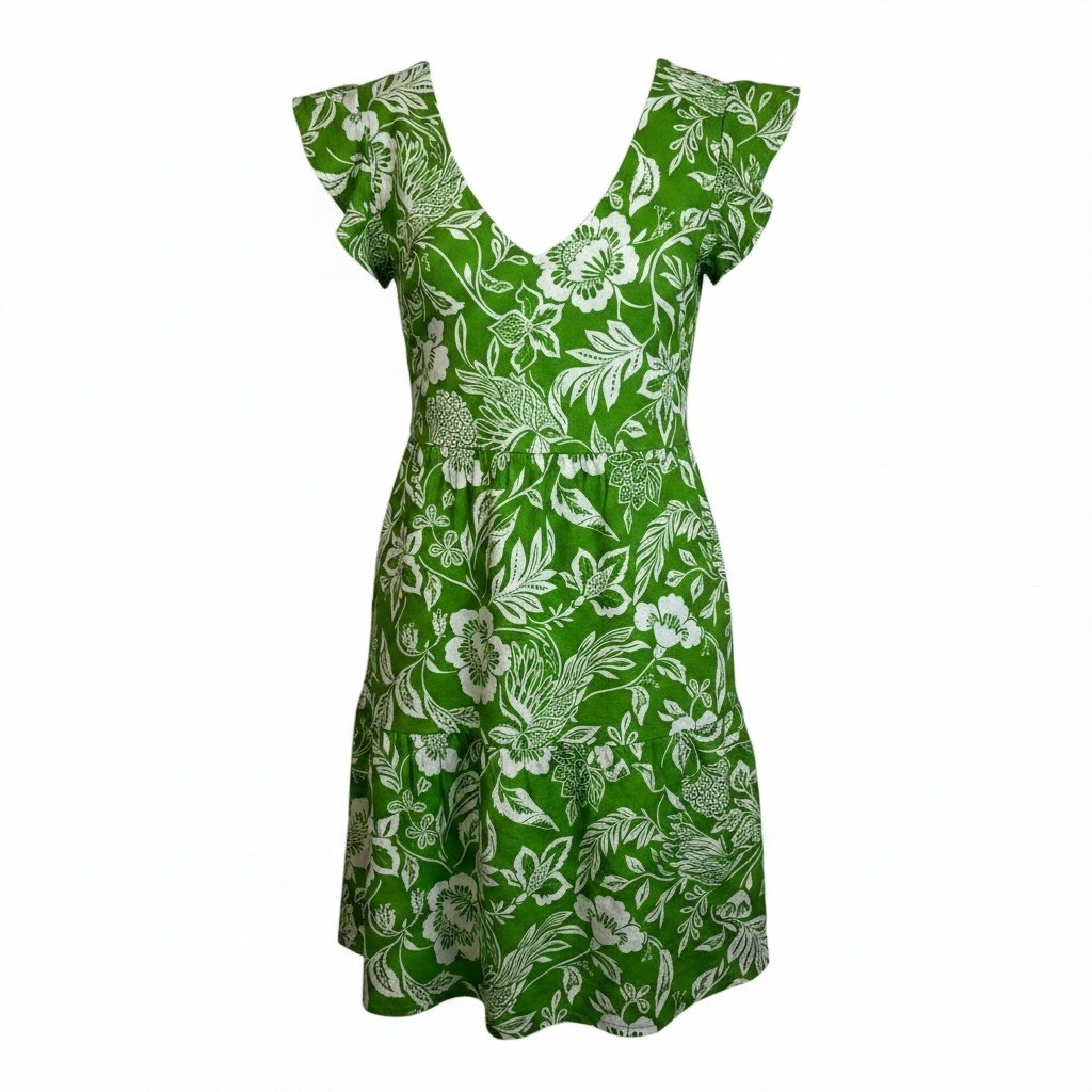 Goodthreads Green Floral Linen Blend Flutter Sleeve Tiered Mini Dress Womens M
