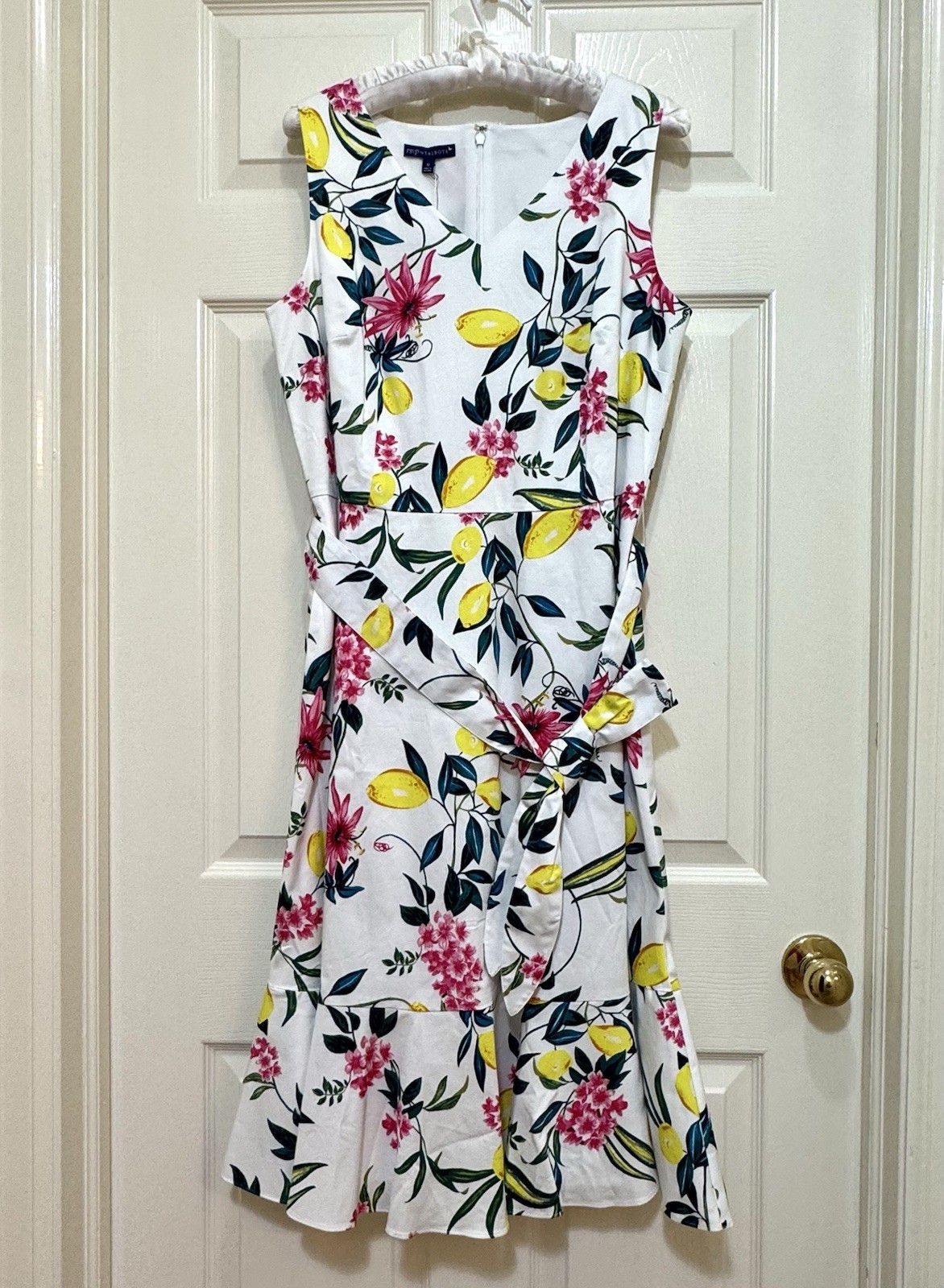 NWT RSVP by TALBOTS White,Yellow Lively Lemon, Floral Fit & Flare Dress Size 12