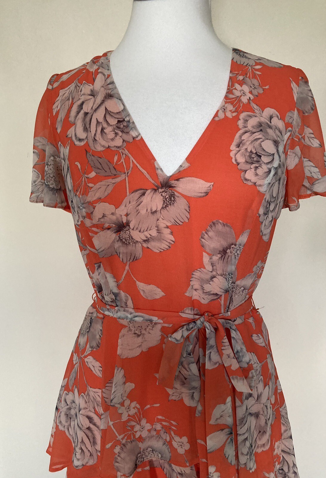 ROMAN ~ Orange Floral Short Floaty Sleeve Ruffle Layered Dress Sz 10