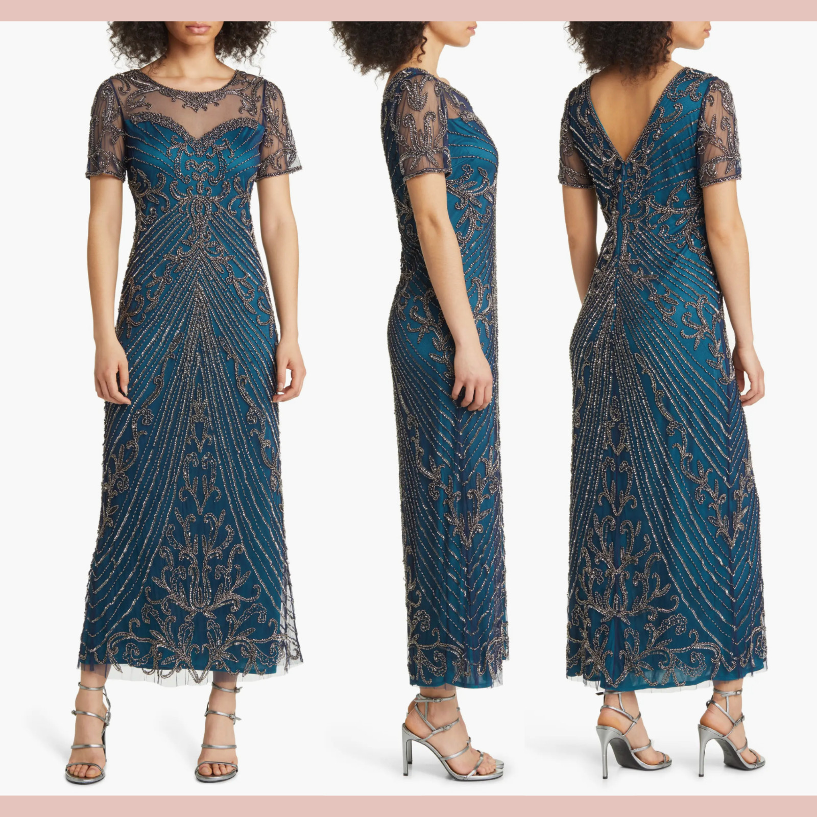NEW $268 Pisarro Nights [ 14 ] Illusion Beaded Mesh Column Gown in Cobalt #J795