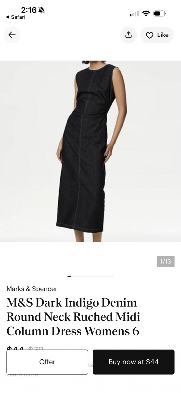 NWT Marks & Spencer Dark Indigo Denim Round Neck Ruched Midi Column Dress, SZ 14