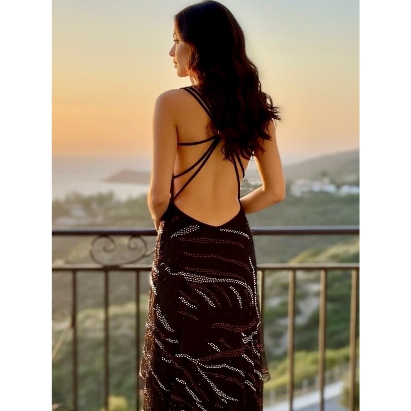 Black intricately hand beaded Sequin Mesh Maxi Dress with Double Straps stretch