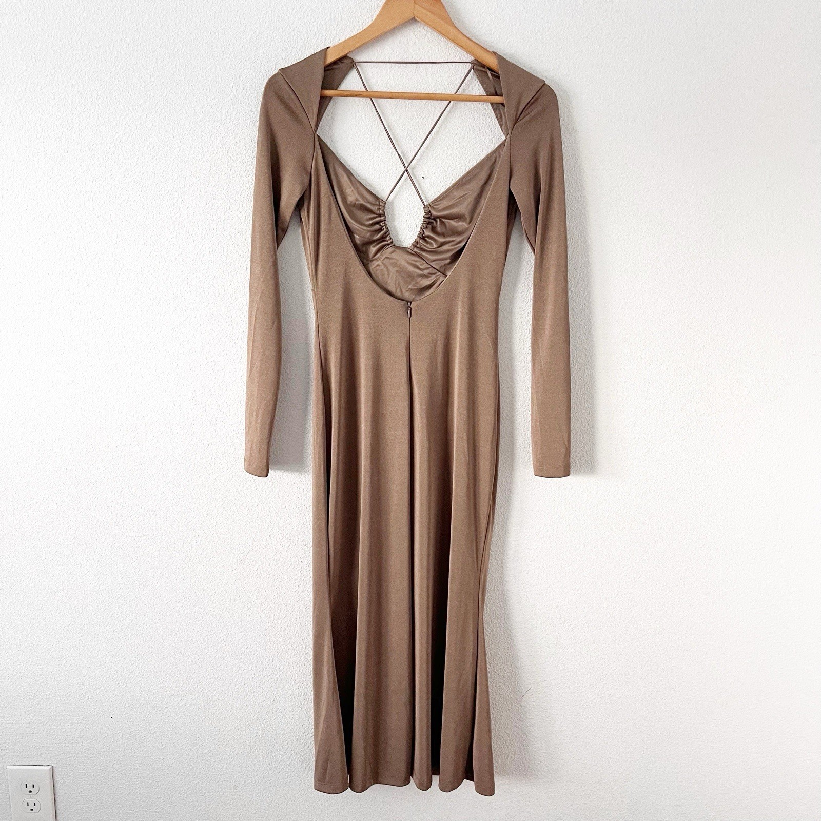 NWT Jason Wu Engracia Open Back Midi Dress Small Khaki Tan Bodycon size S